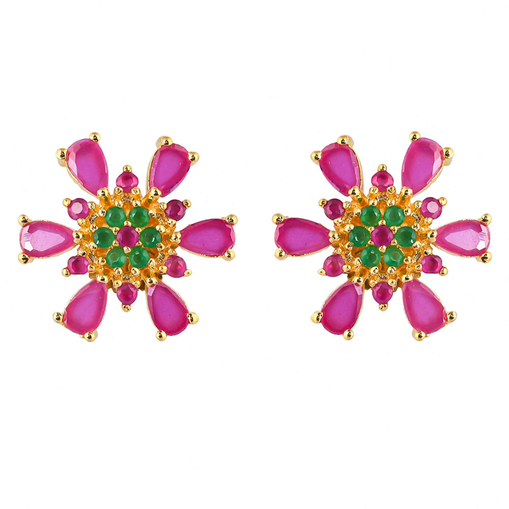Women's Cluster Setting Teardrop Green And Pink Cz Stud Earrings - Voylla