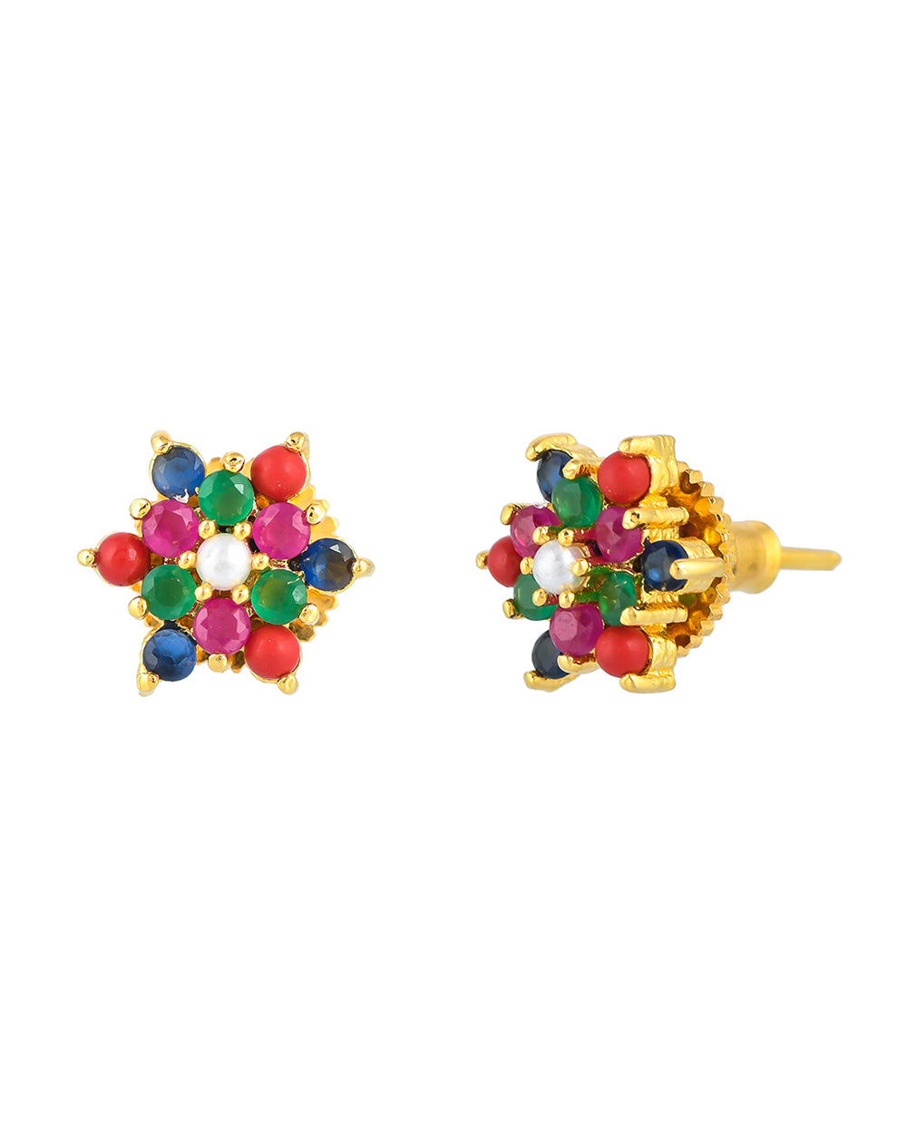 Women's Round Cut Coloured Cz And Pearl Stud Earrings - Voylla