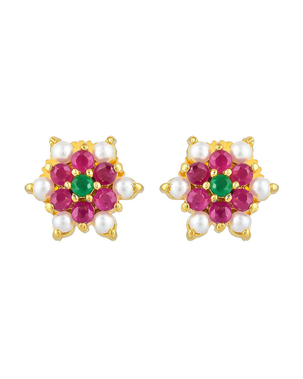 Women's Pearl Beads And Pink Cz Gems Stud Earrings - Voylla