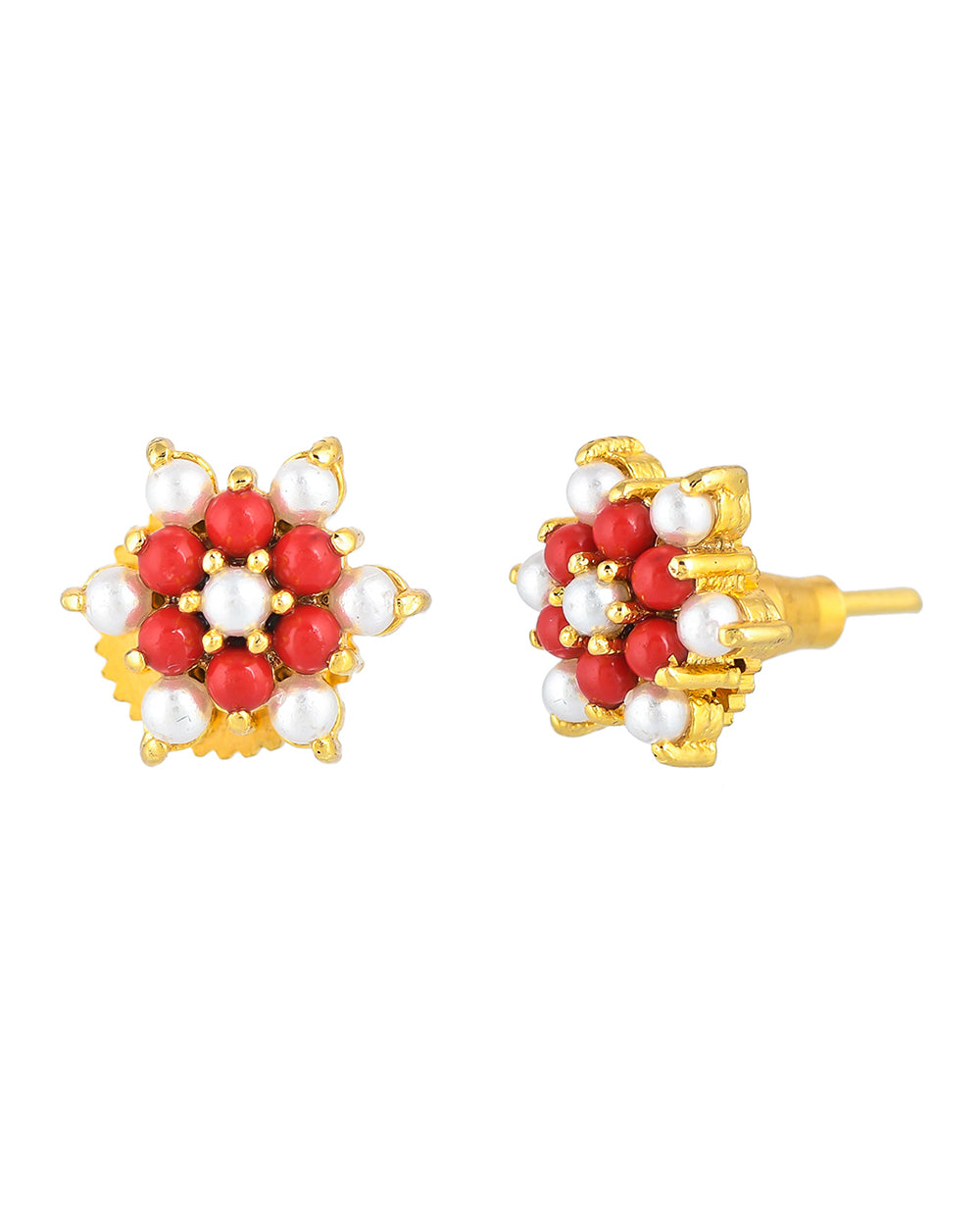 Women's Tiny Round Cut Red Cz Gems And White Pearl Stud Earrings - Voylla