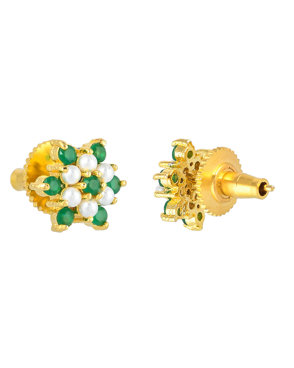 Women's White And Green Cz Gems Floral Stud Earrings - Voylla