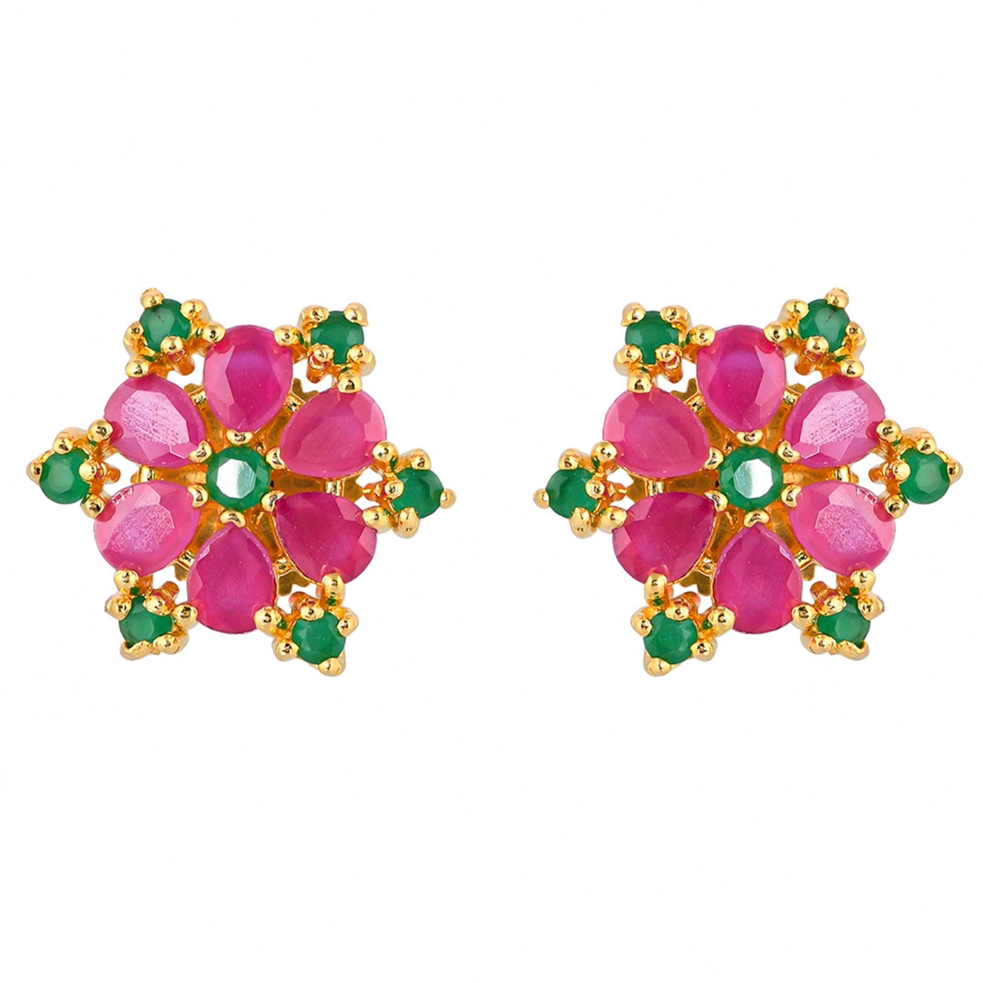 Women's Green And Light Pink Cz Stud Earrings - Voylla