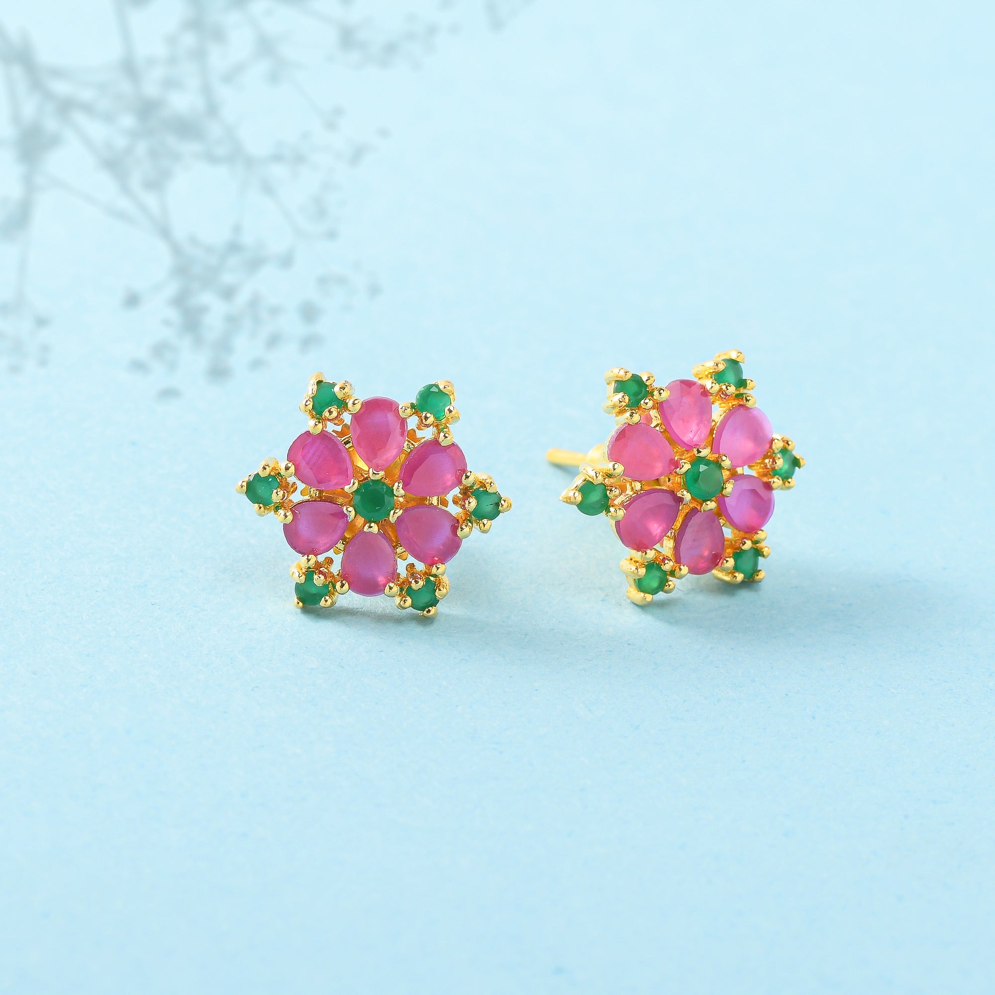 Women's Green And Light Pink Cz Stud Earrings - Voylla