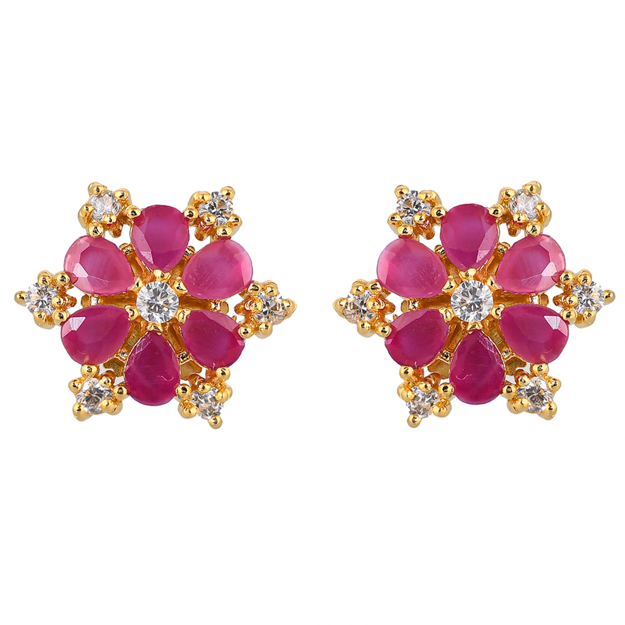 Women's Teardrop And Round Cut Pink And White Cz Gems Stud Earrings - Voylla