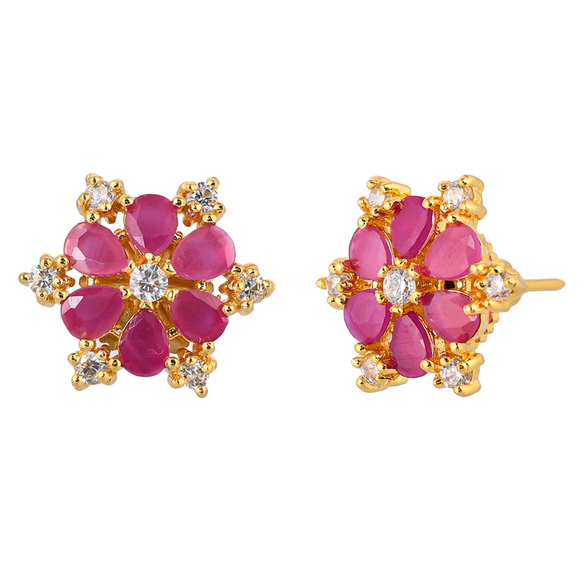 Women's Teardrop And Round Cut Pink And White Cz Gems Stud Earrings - Voylla