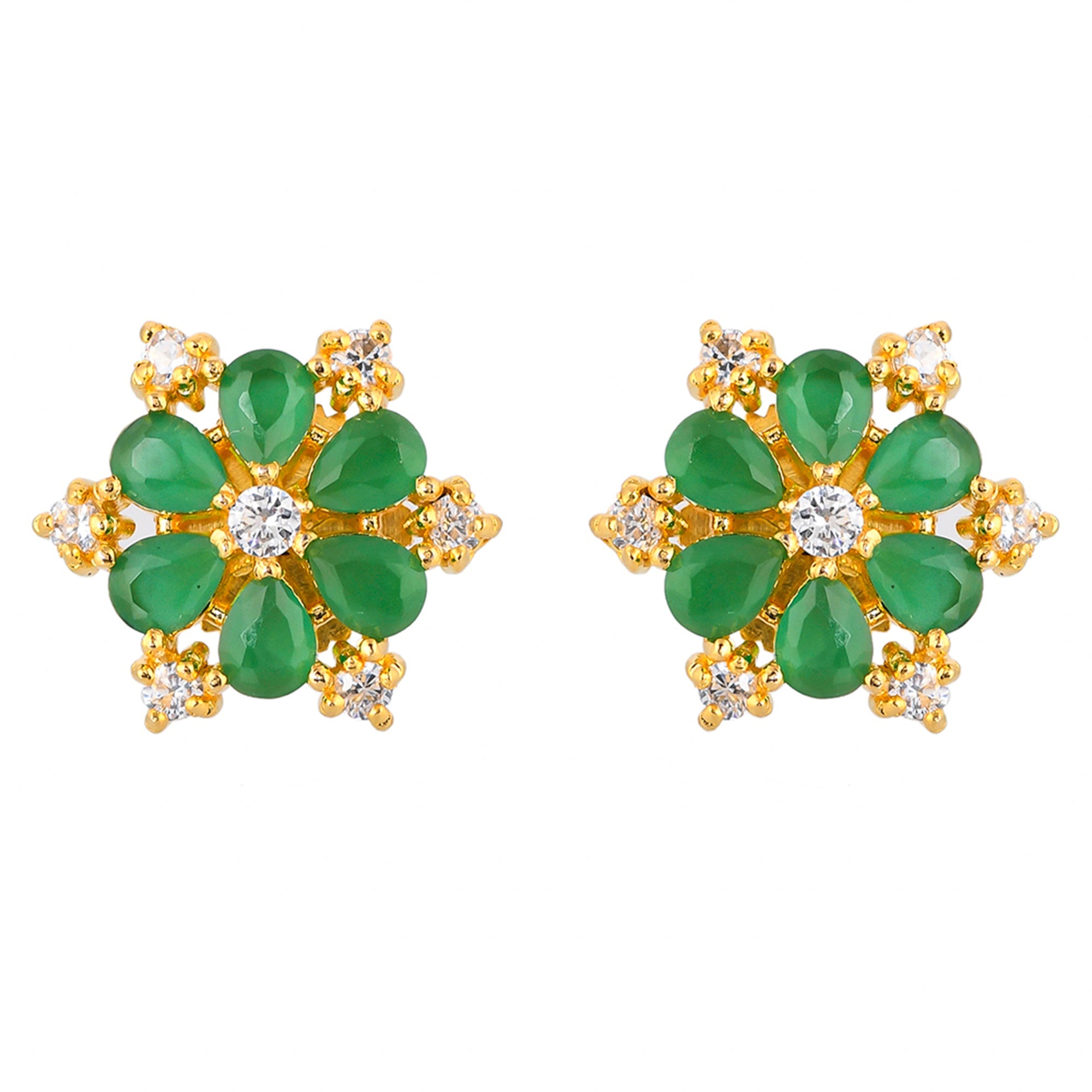 Women's Teardrop Green And White Cluster Setting Cz Stud Earrings - Voylla