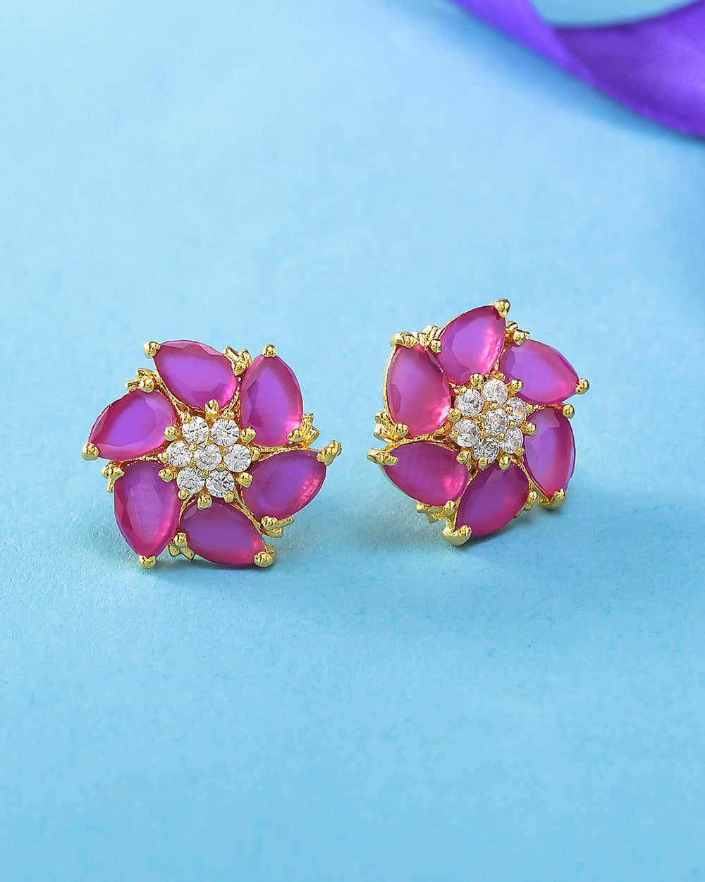 Women's Pink And White Zirconia Gemstones Stud Earrings - Voylla