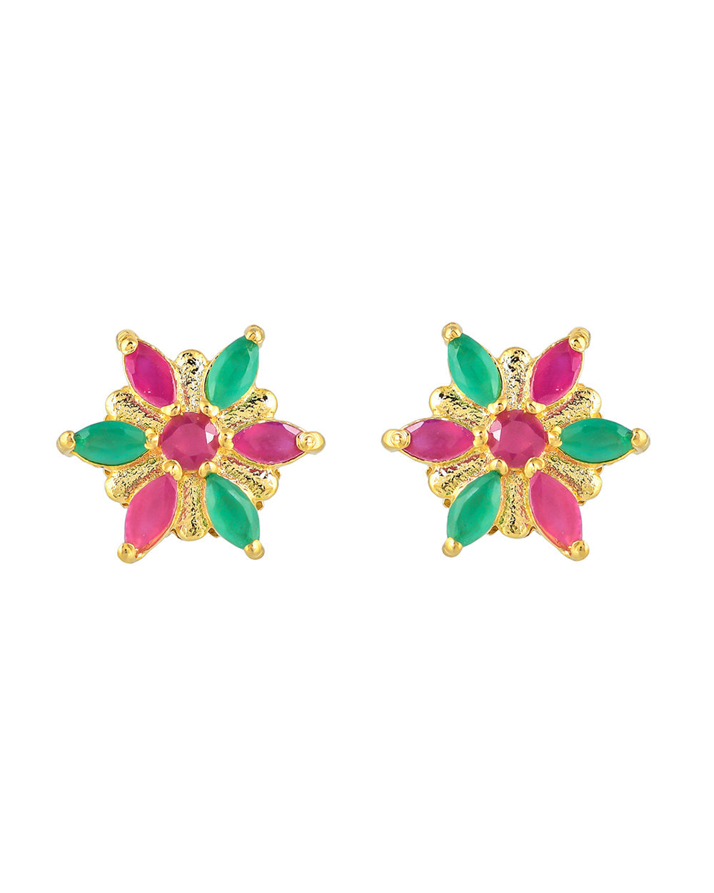 Women's Gold Plated Green And Pink Floral Stud Earrings - Voylla