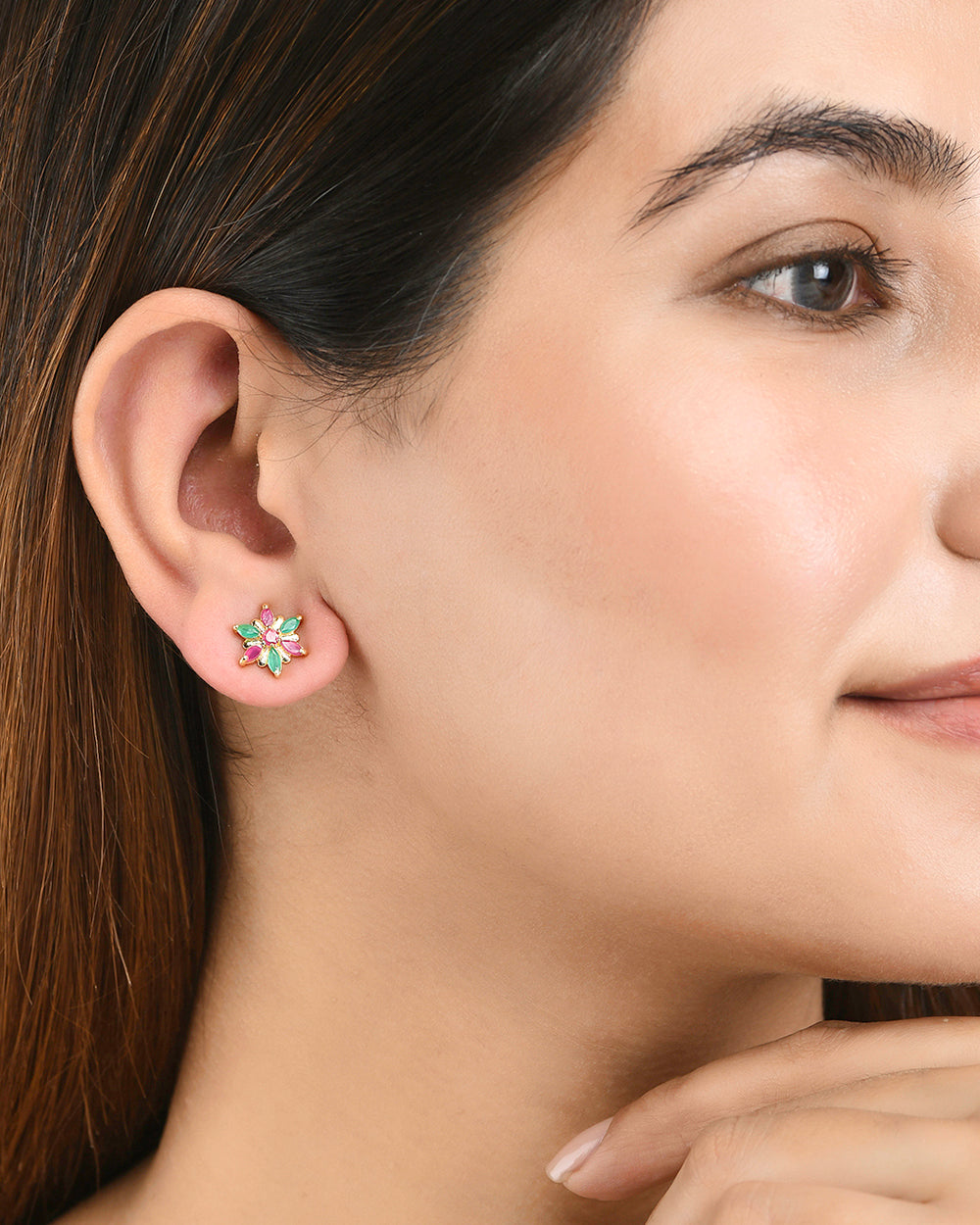 Women's Gold Plated Green And Pink Floral Stud Earrings - Voylla