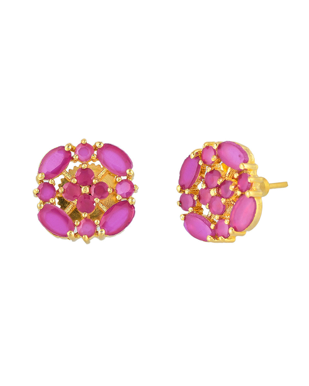 Women's Pink Cluster Setting Cz Gold Plated Stud Earrings - Voylla