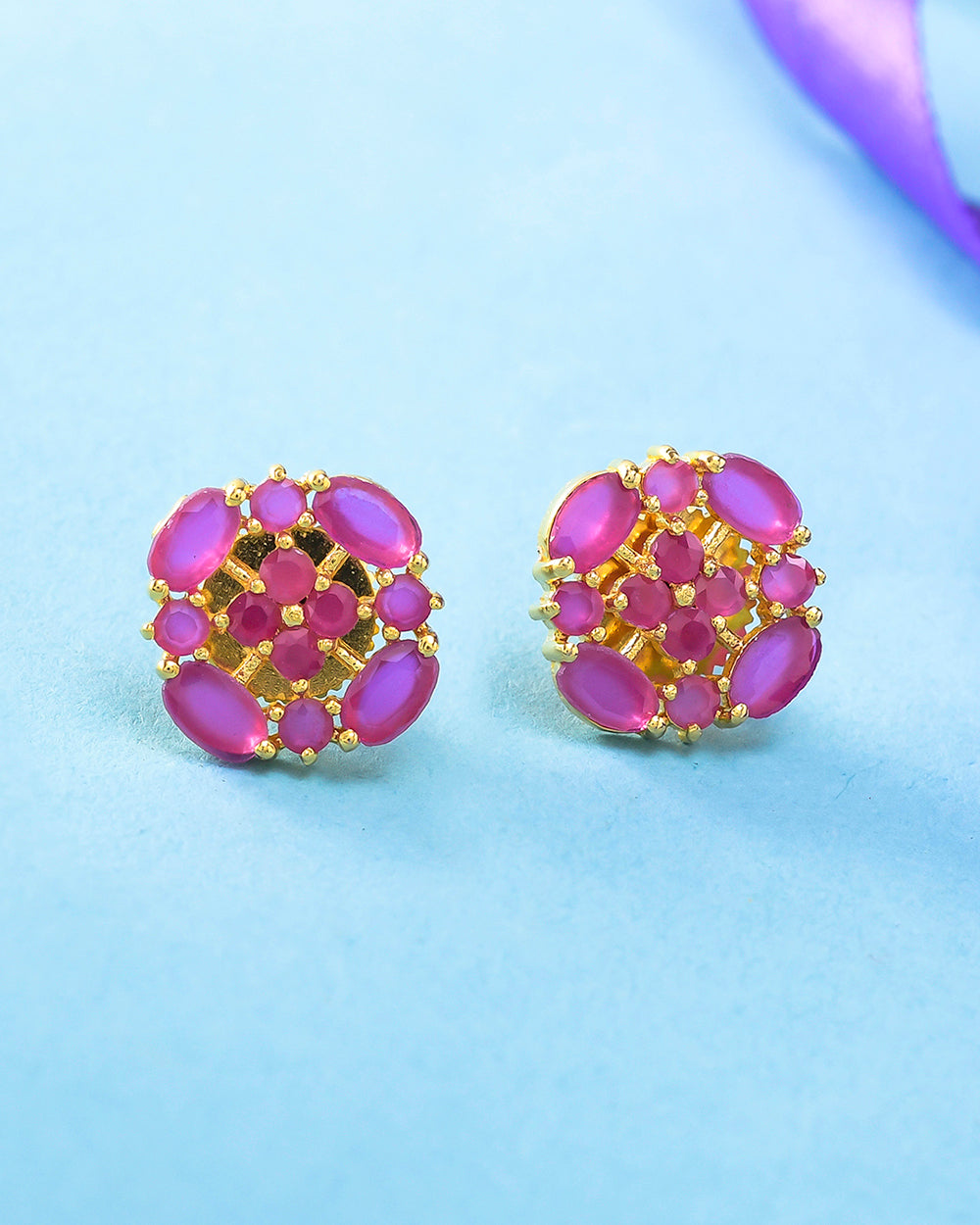 Women's Pink Cluster Setting Cz Gold Plated Stud Earrings - Voylla