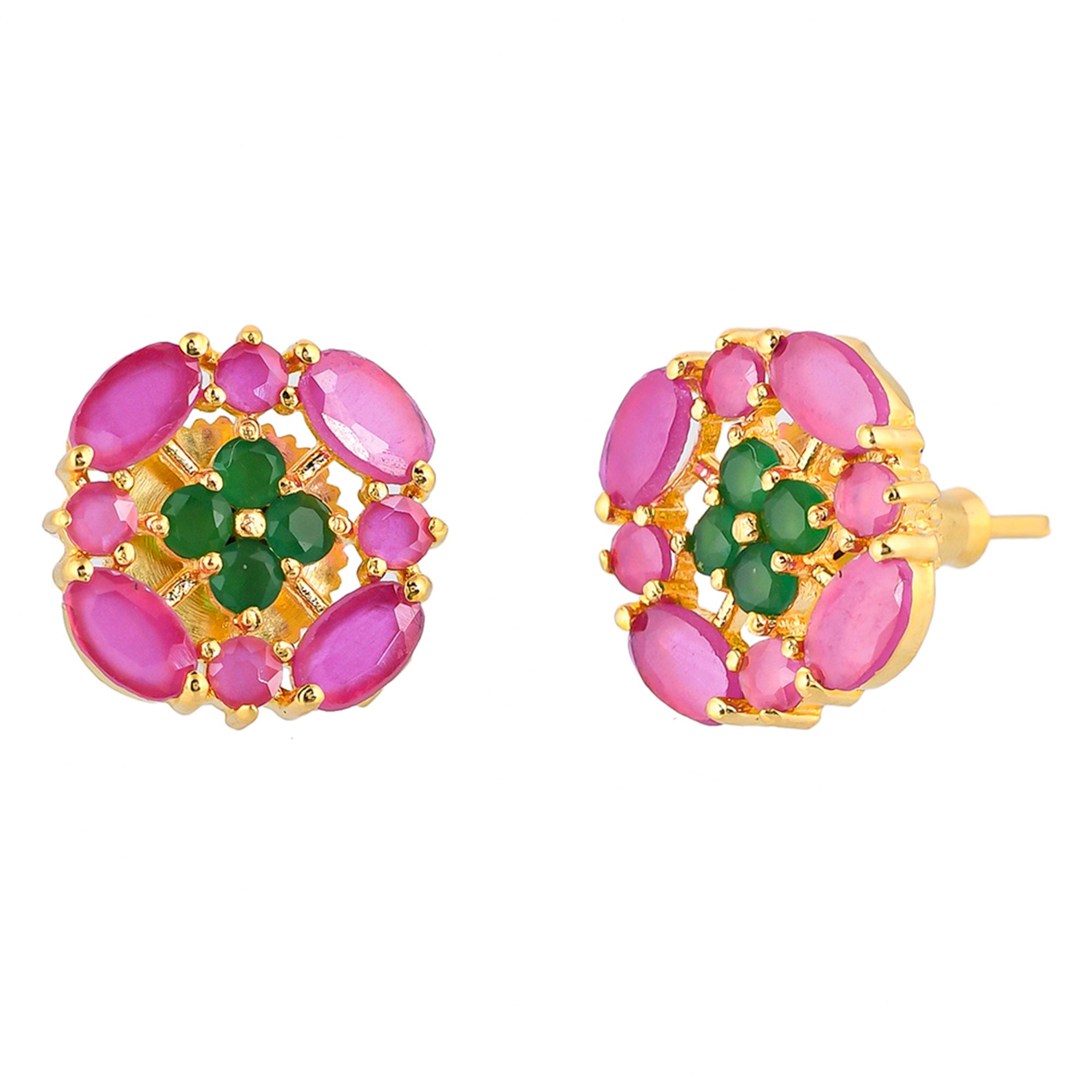Women's Pink And Green Cluster Setting Cz Stud Earrings - Voylla