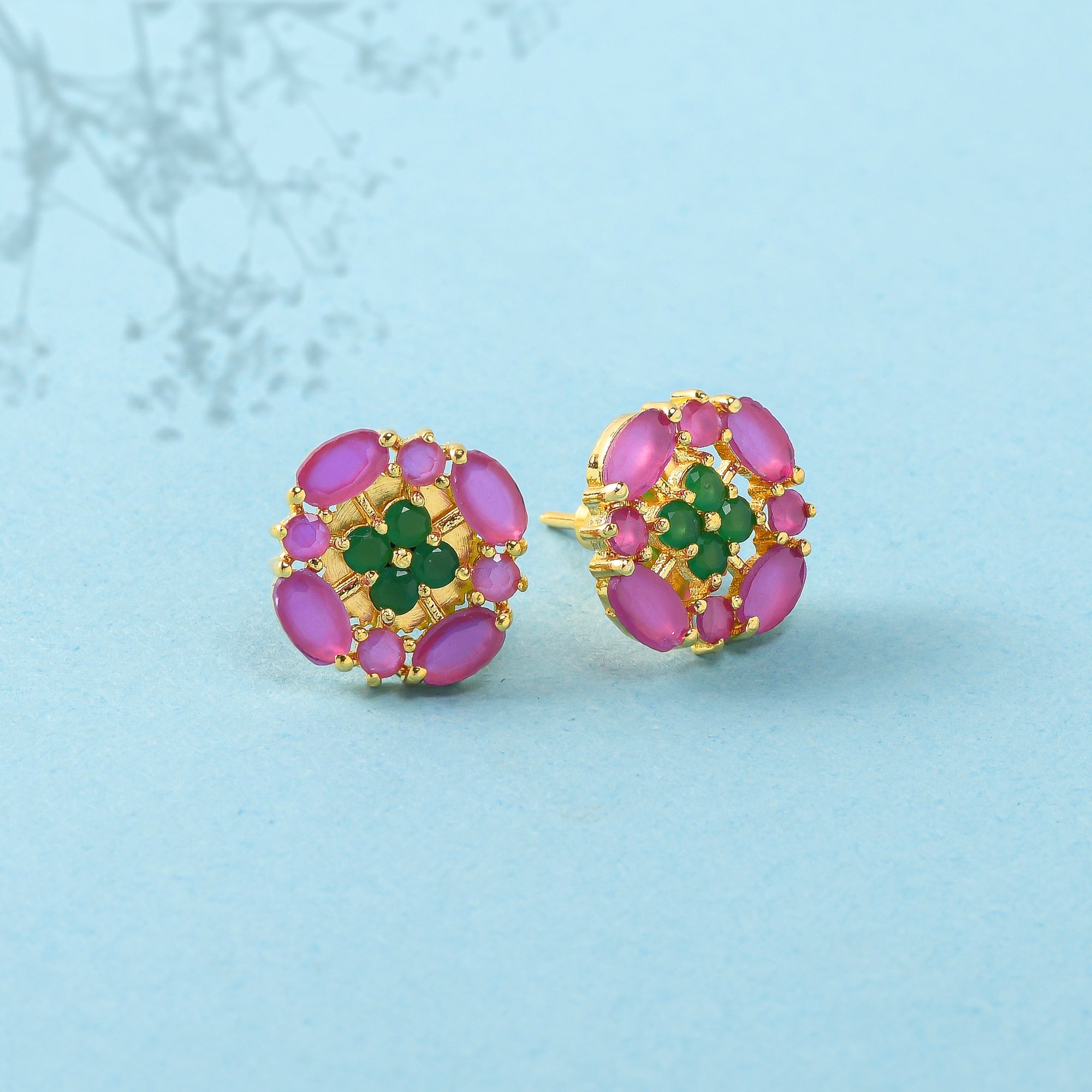 Women's Pink And Green Cluster Setting Cz Stud Earrings - Voylla