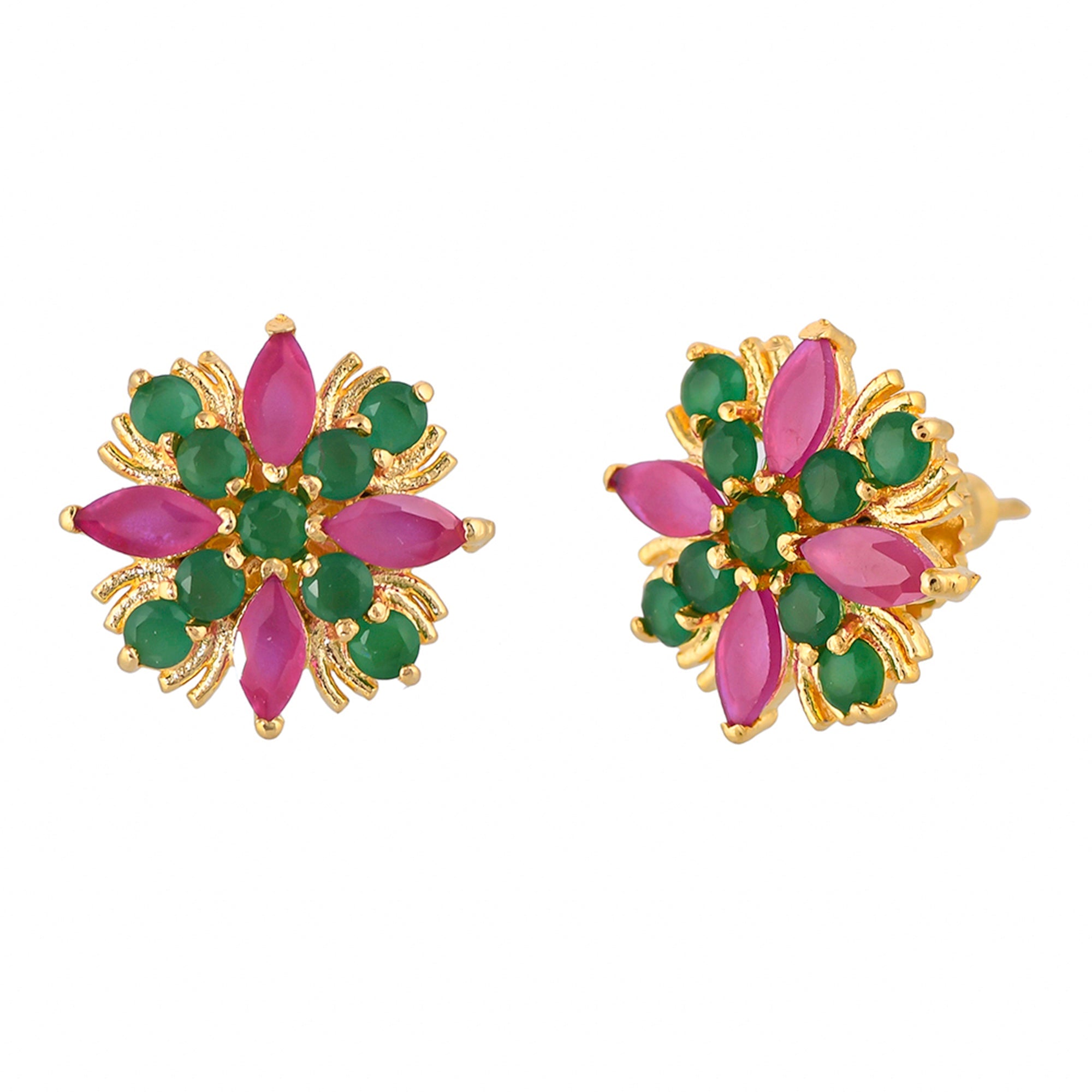 Women's Green And Pink Cz Gemstones Tiny Stud Earrings - Voylla