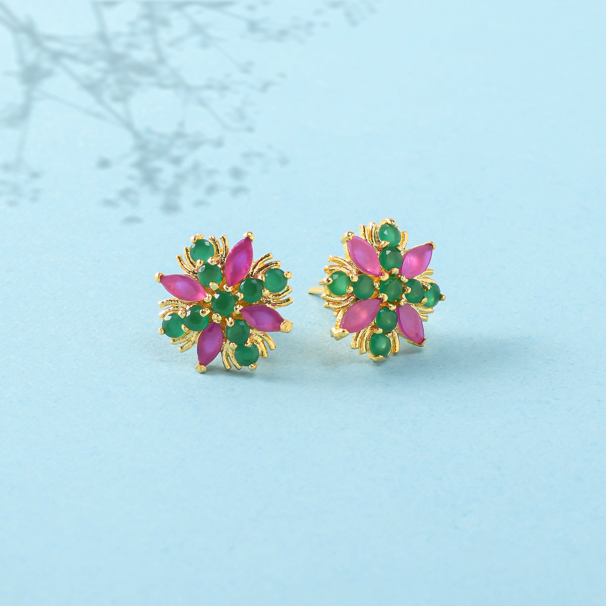 Women's Green And Pink Cz Gemstones Tiny Stud Earrings - Voylla