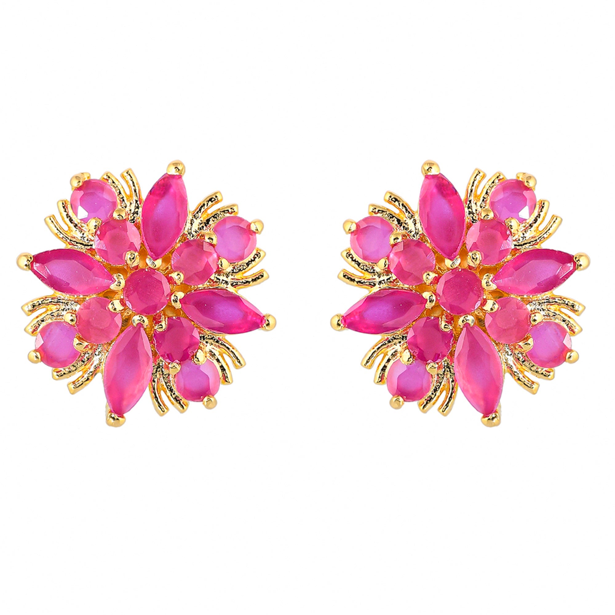 Women's Pink Round And Marquise Cut Cz Floral Stud Earrings - Voylla