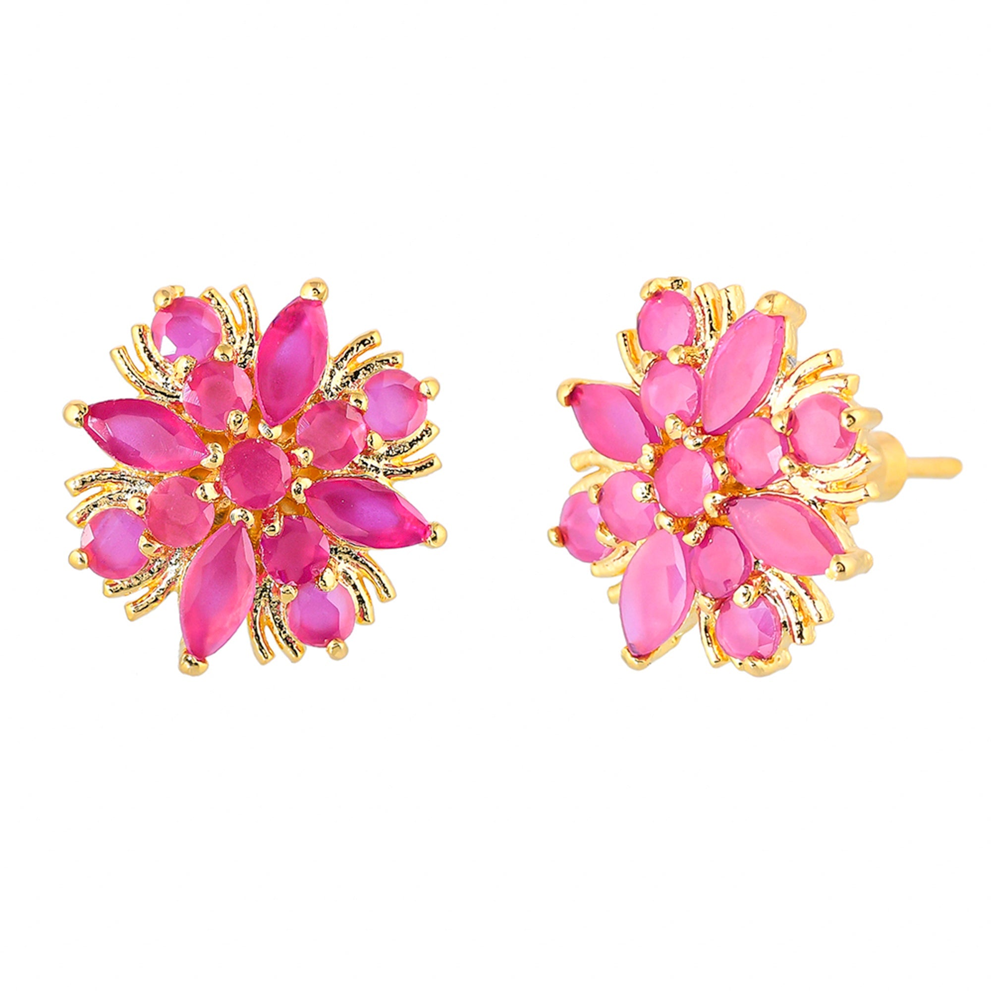 Women's Pink Round And Marquise Cut Cz Floral Stud Earrings - Voylla
