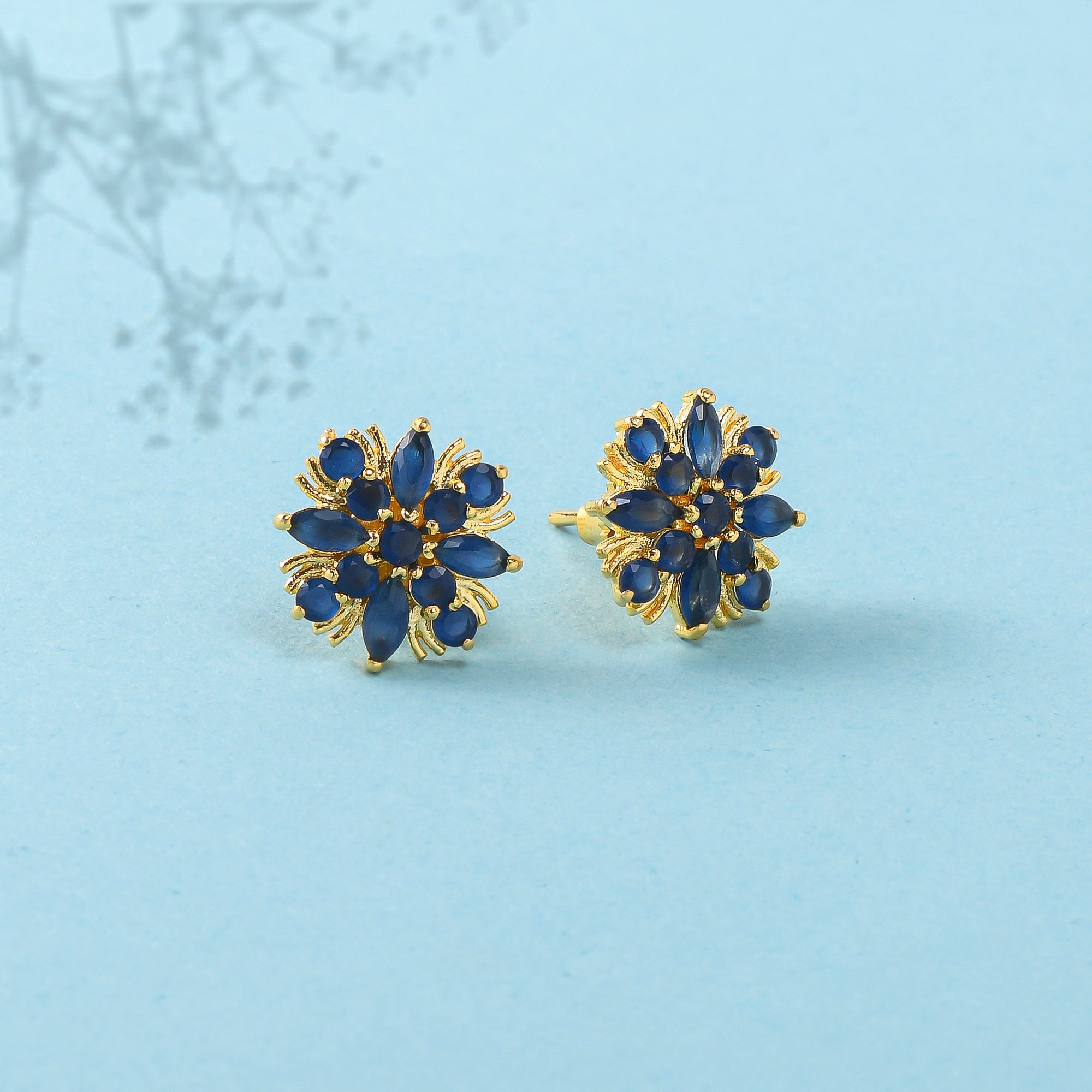 Women's Gold Plated Blue Zirconia Gems Stud Earrings - Voylla