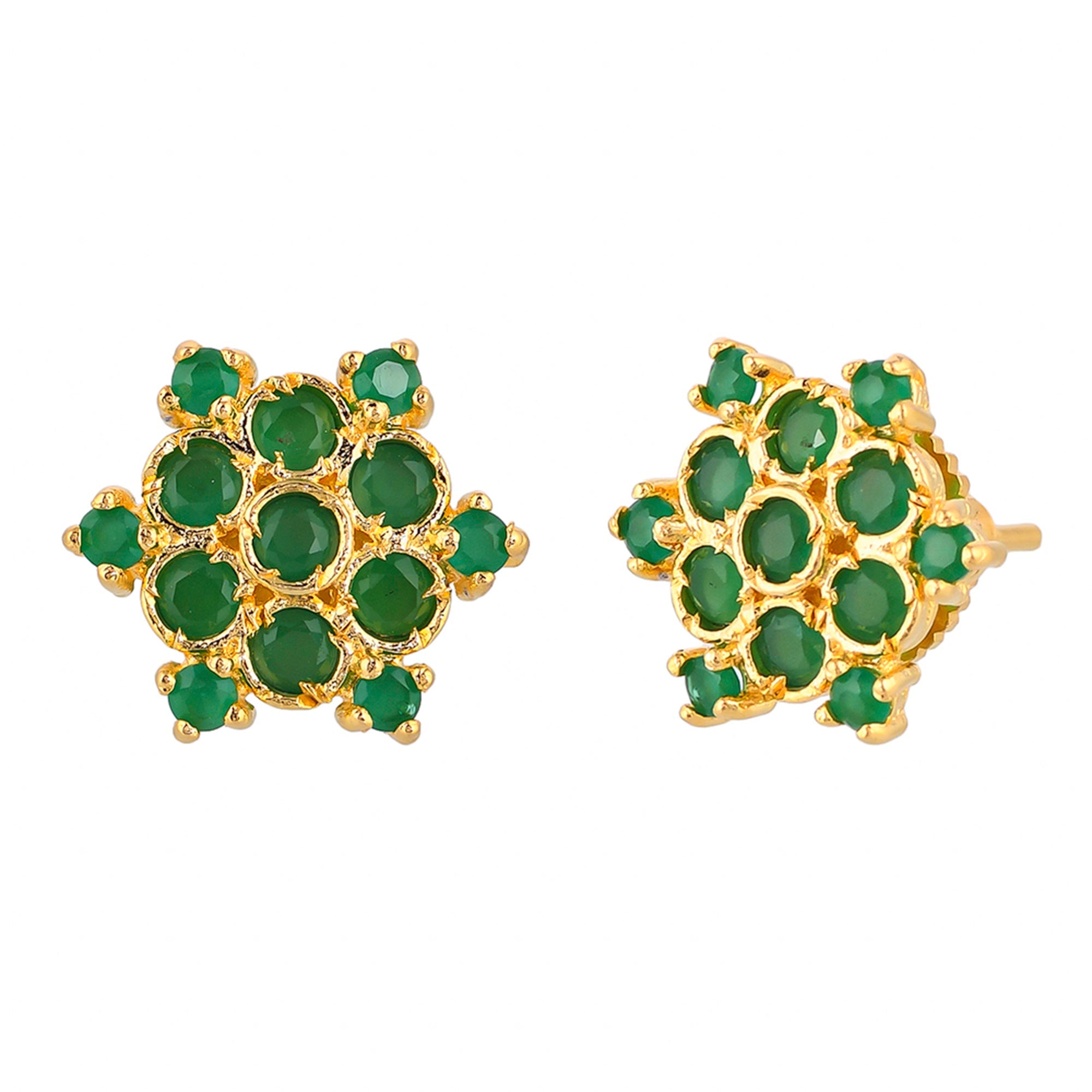 Women's Green Round Cut Zircons Gold Plated Stud Earrings - Voylla