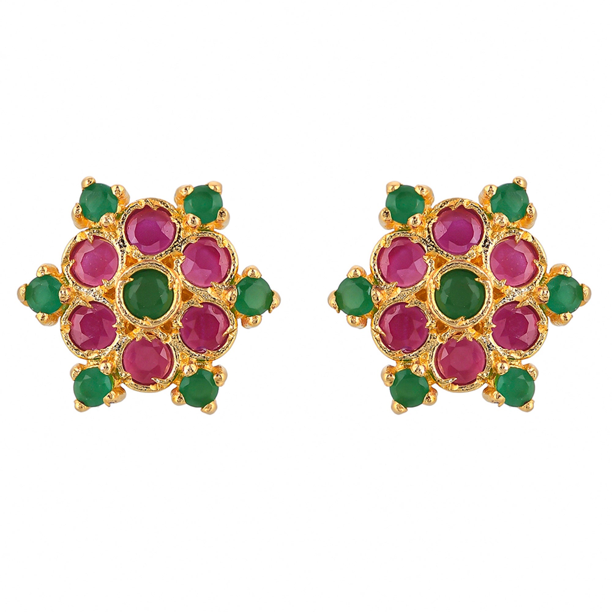 Women's Round Cut Pink And Green Cz Stud Earrings - Voylla