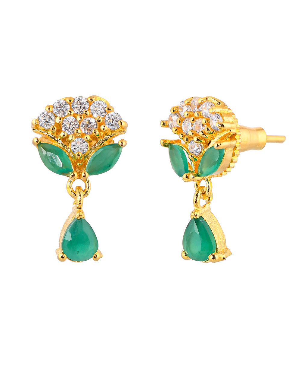 Women's Floral Motif White And Green Tiny Drop Earrings - Voylla