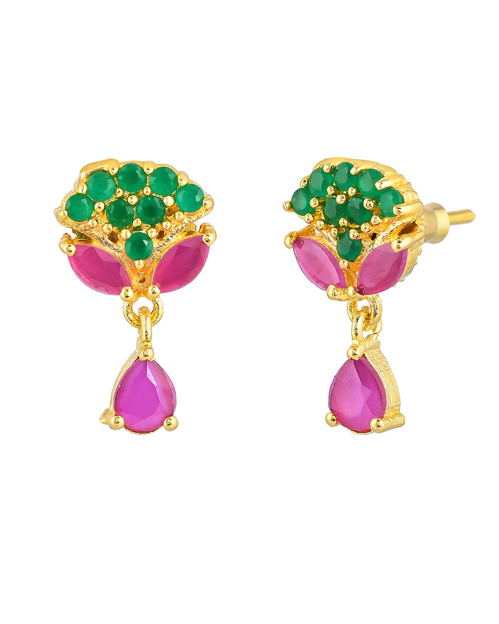 Women's Cluster Setting Pink And Green Cz Tiny Drop Earrings - Voylla