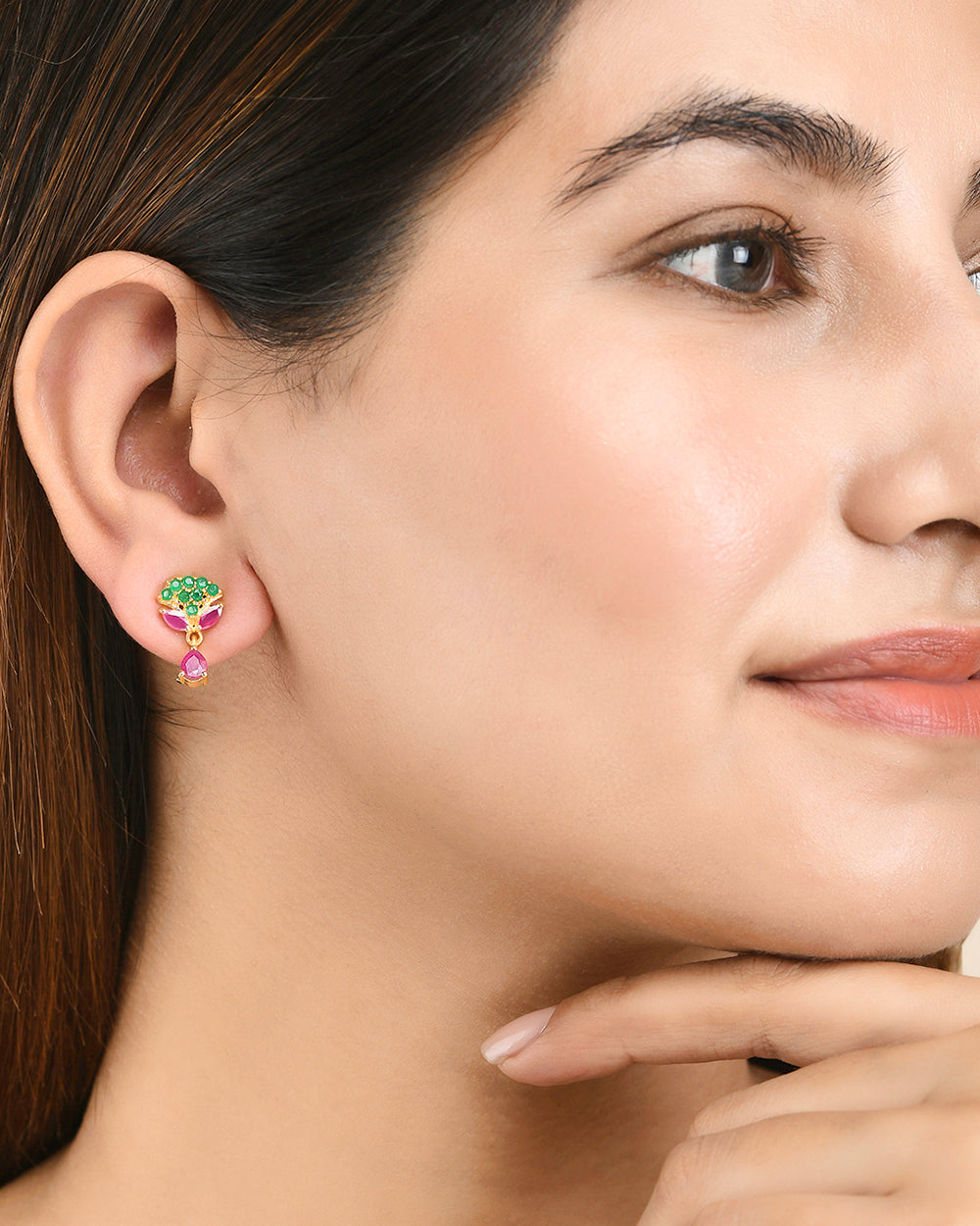 Women's Cluster Setting Pink And Green Cz Tiny Drop Earrings - Voylla