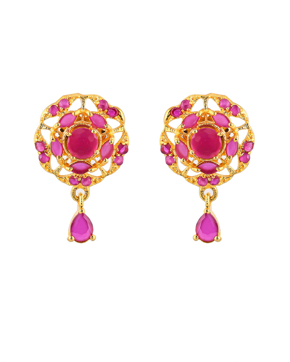 Women's Round Cut Pink Zirconia Drop Stud Earrings - Voylla