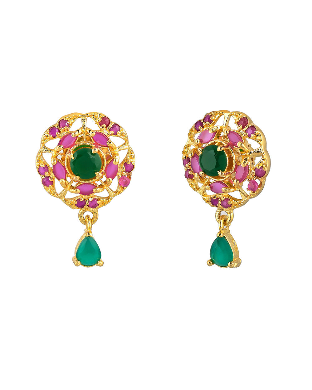 Women's Sparkling Elegance Red And Green Zircons Teardrop Earrings - Voylla