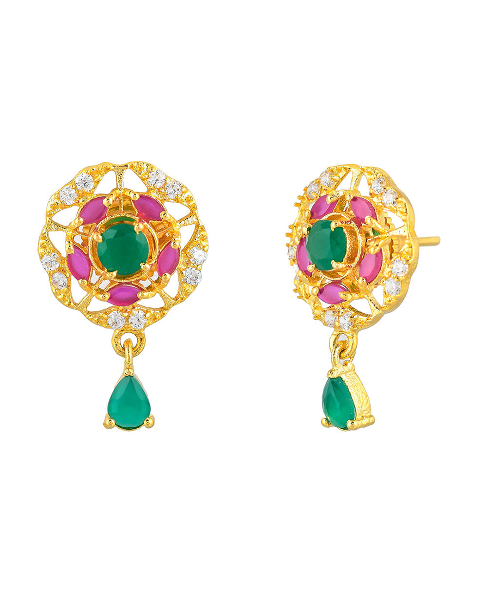 Women's Green And Pink Cubic Zirconia Stud Earrings - Voylla