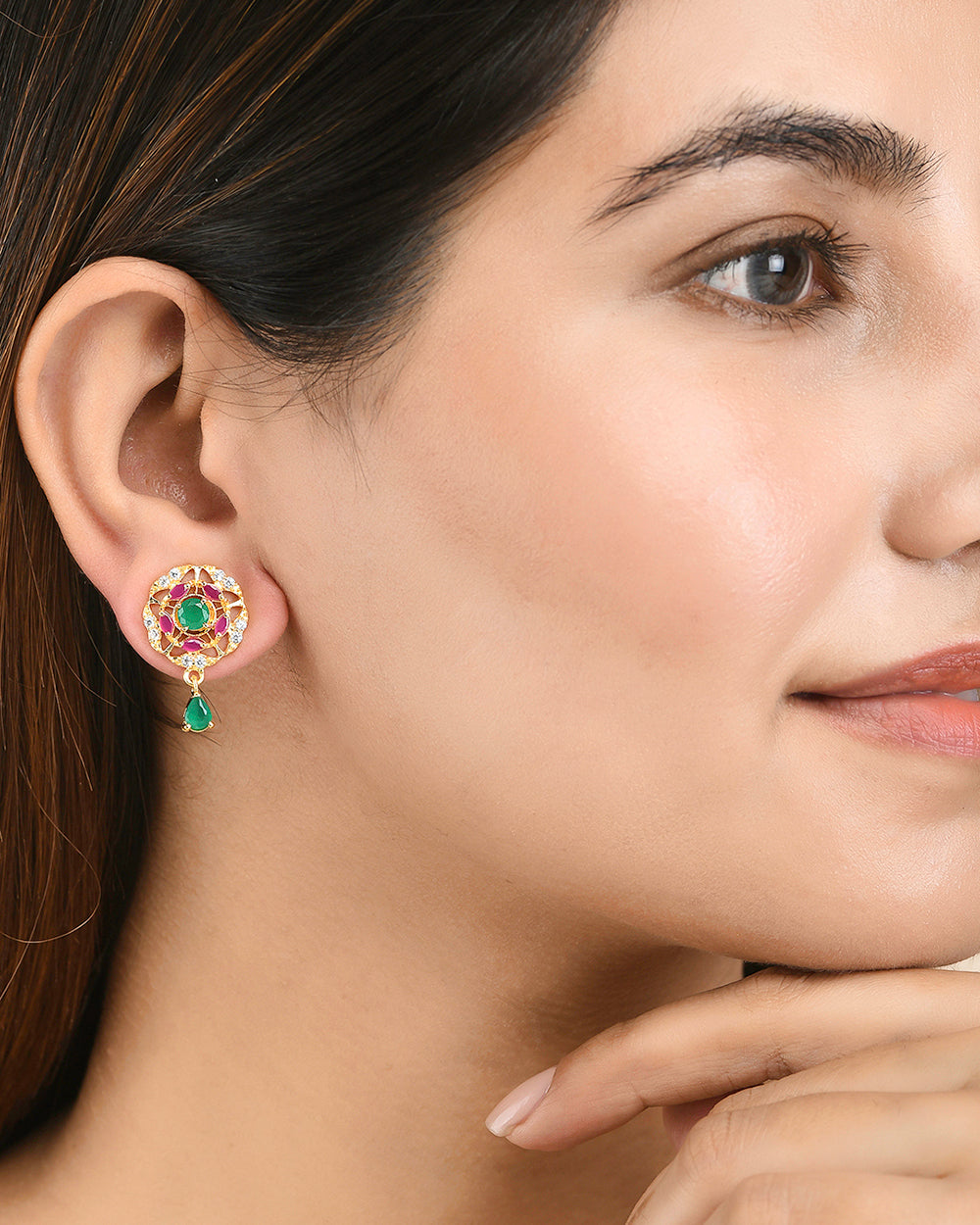 Women's Green And Pink Cubic Zirconia Stud Earrings - Voylla