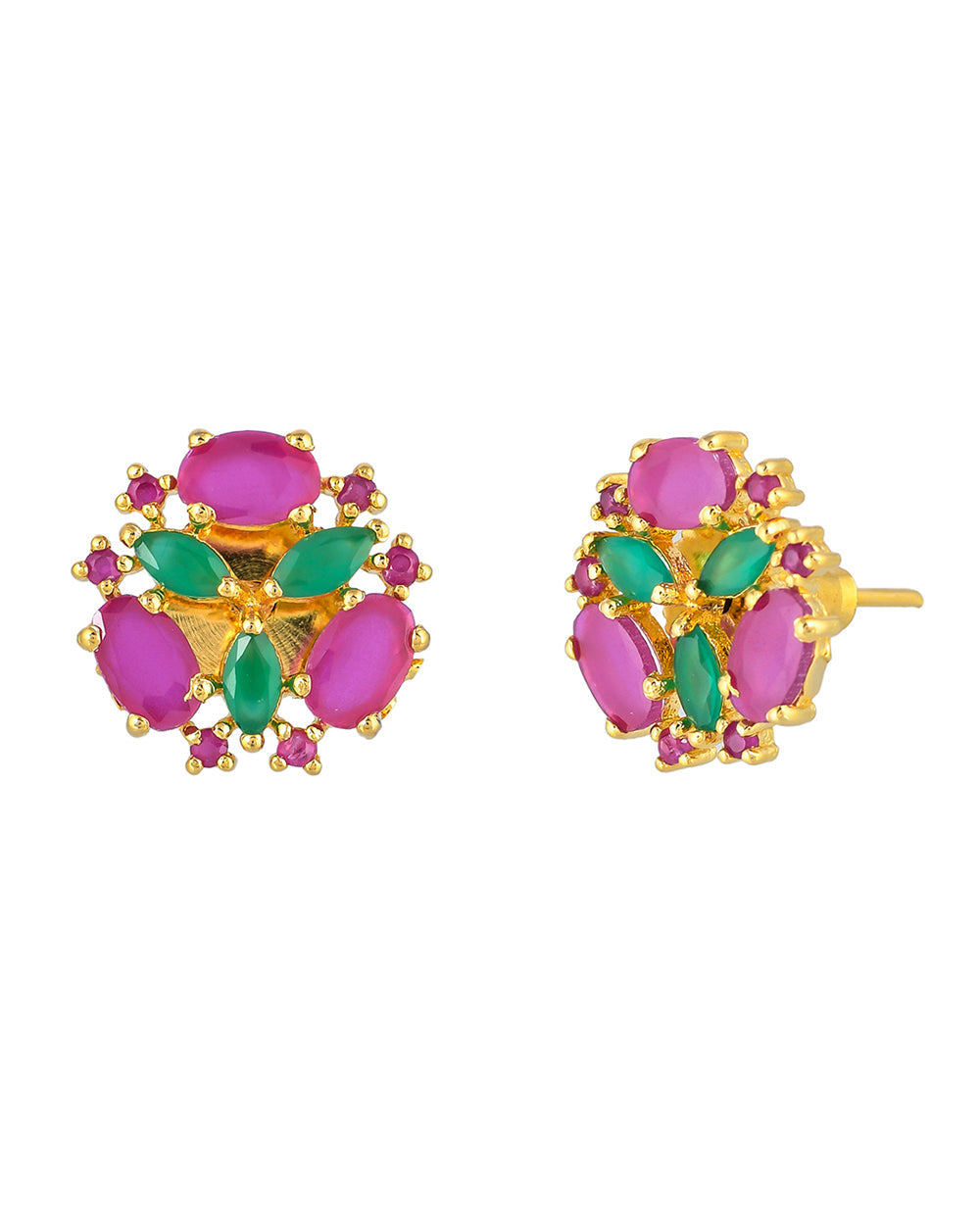 Women's Pink And Green Zircons Gold Plated Stud Earrings - Voylla
