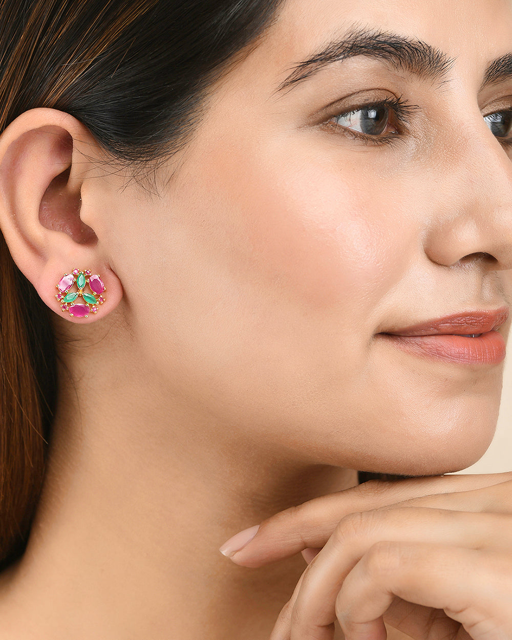 Women's Pink And Green Zircons Gold Plated Stud Earrings - Voylla