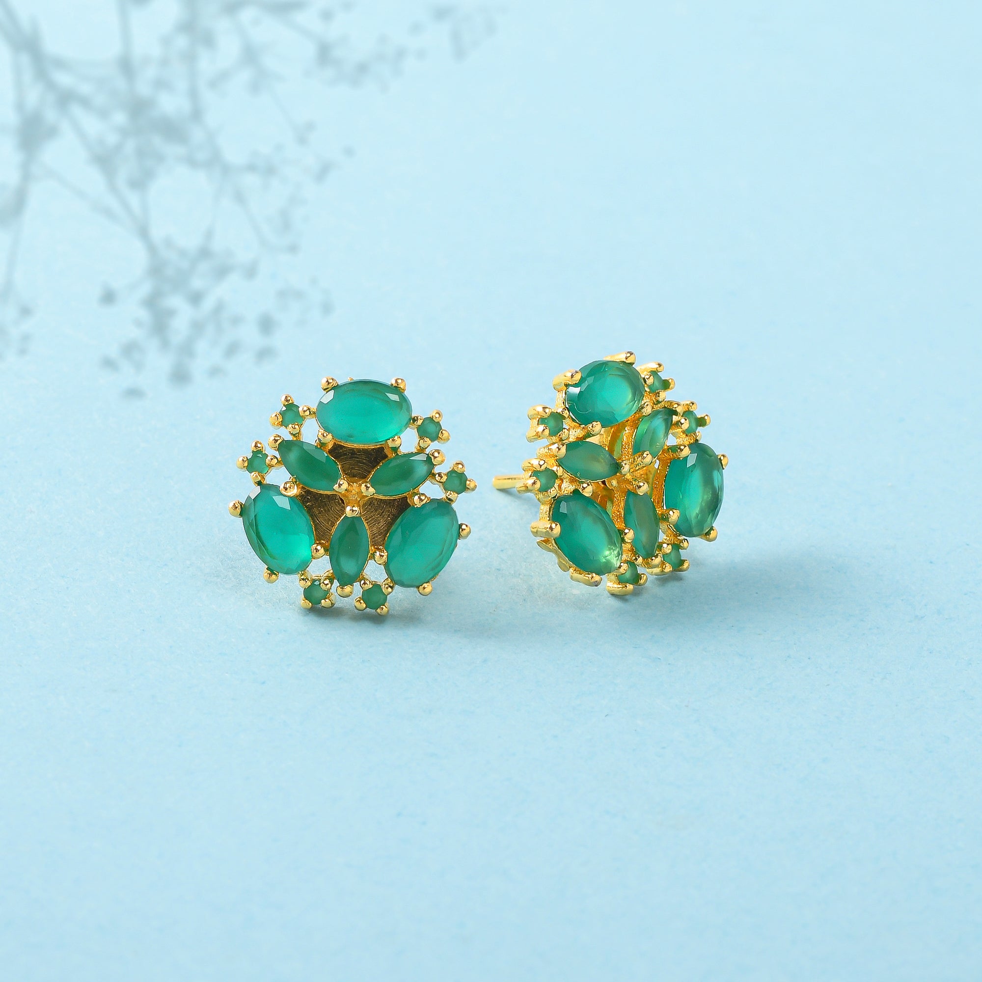 Women's Green Cz Gems Gold Plated Stud Earrings - Voylla