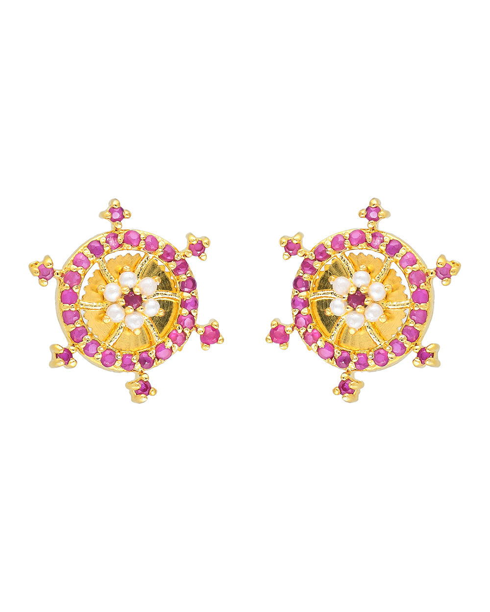 Women's Pink Cz Gems And Pearl Beads Stud Earrings - Voylla