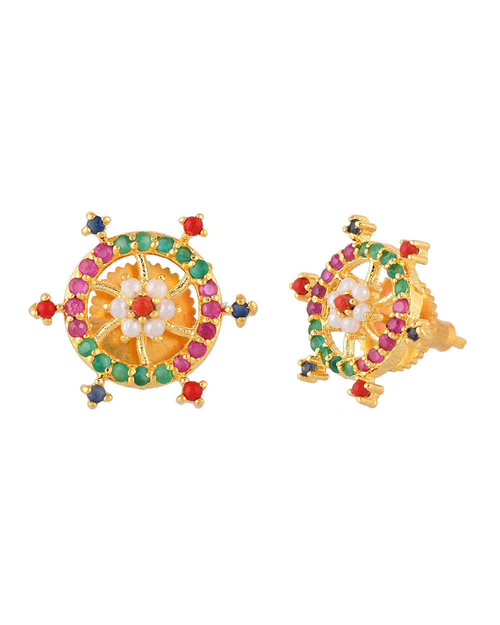 Women's Multicoloured Cz Gems And Pearl Beads Stud Earrings - Voylla