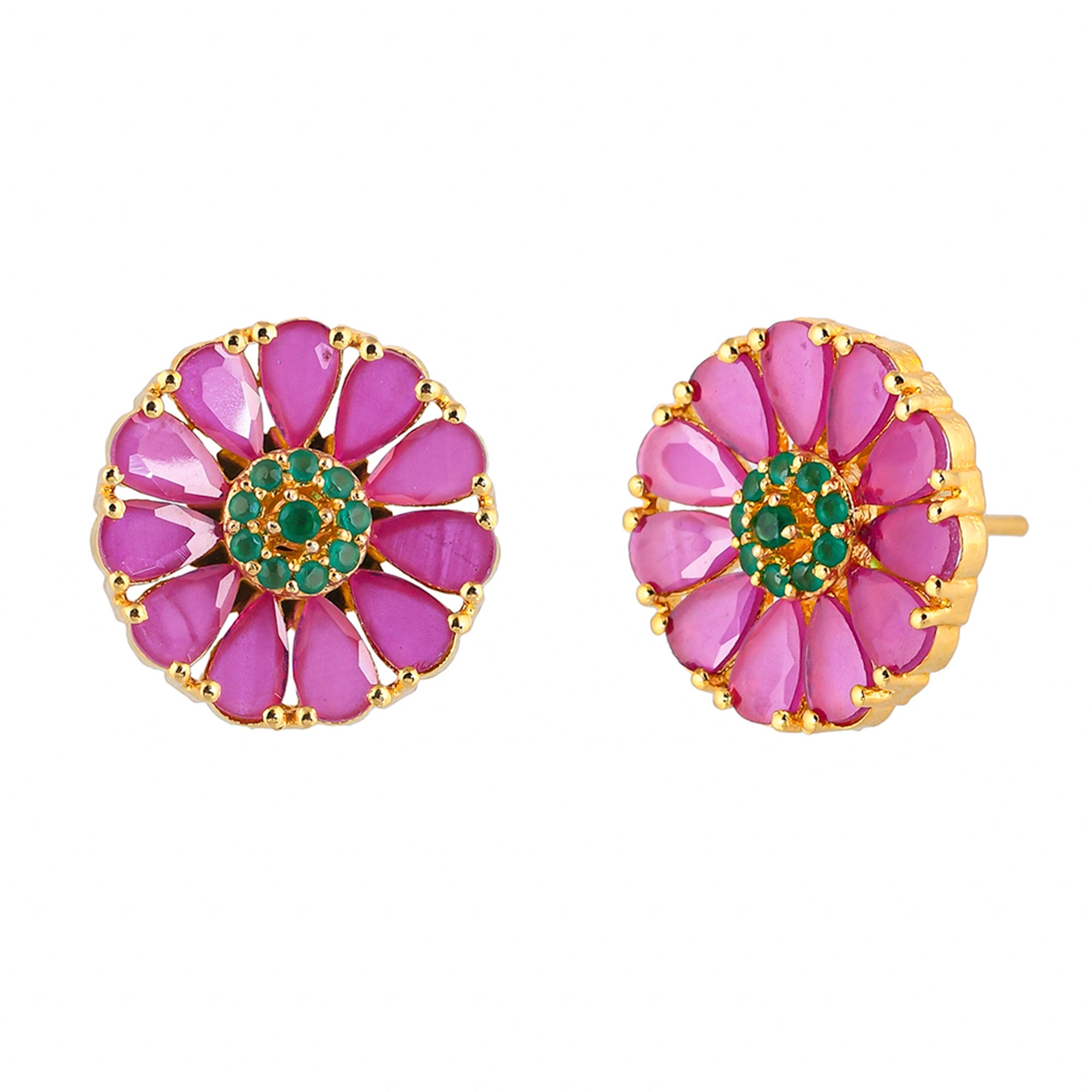 Women's Green And Pink Cz Gems Stud Earrings - Voylla