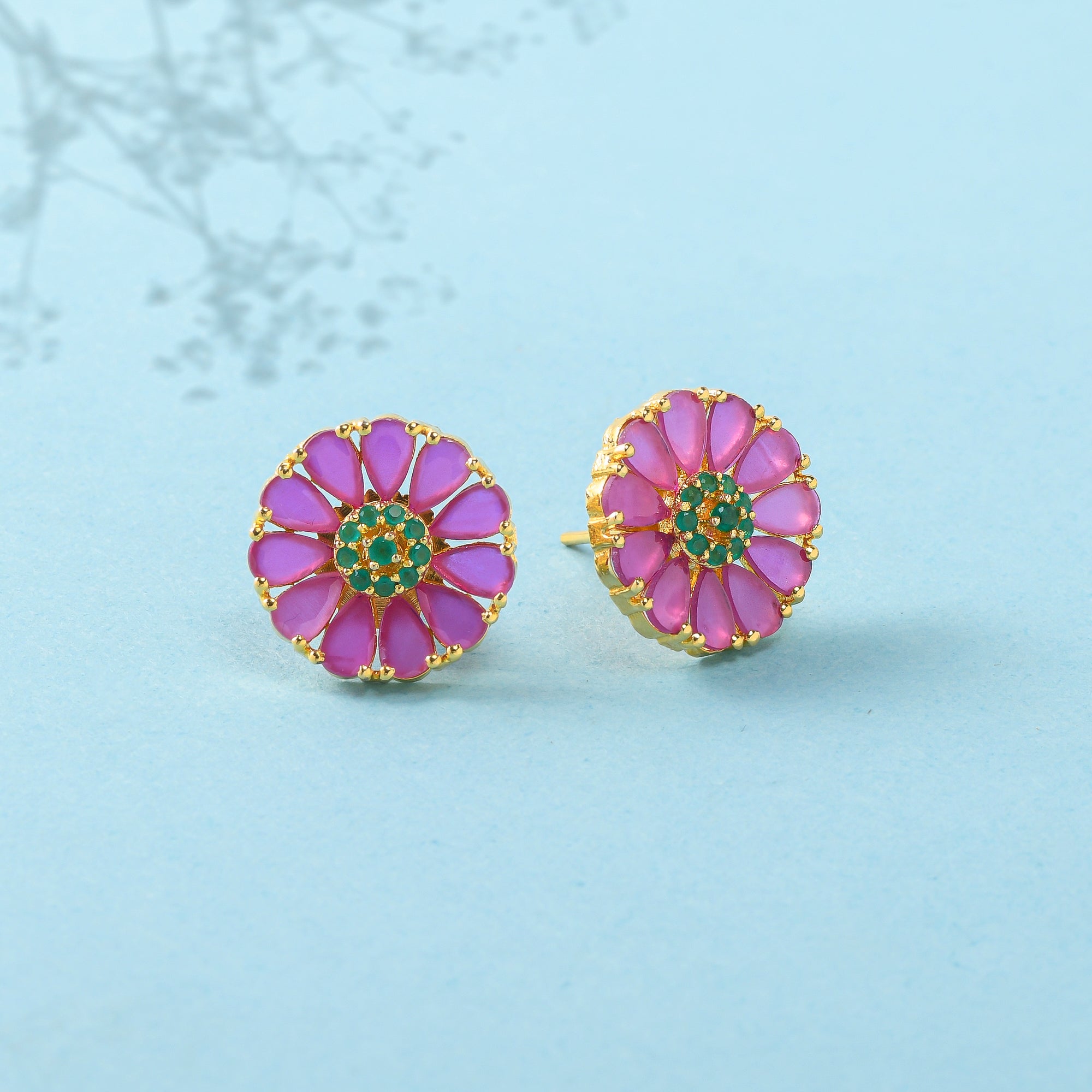 Women's Green And Pink Cz Gems Stud Earrings - Voylla