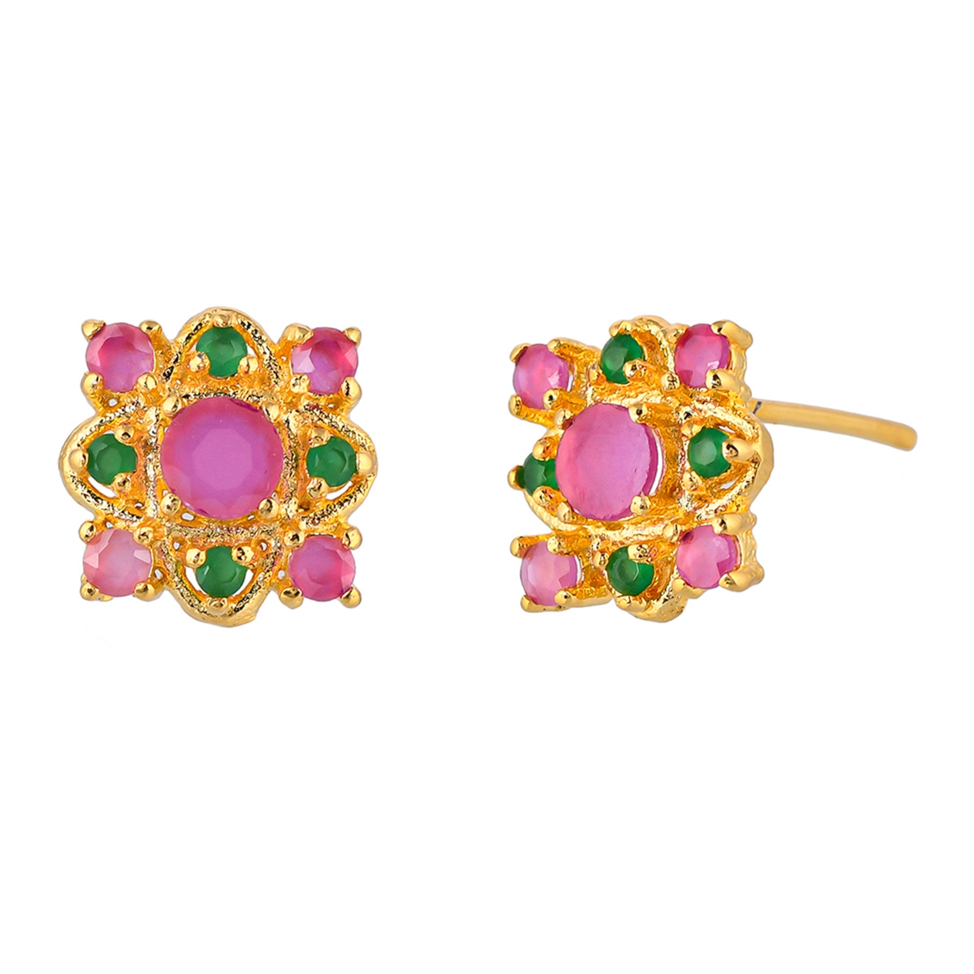 Women's Ethnic Style Pink Cz Adorned Stud Earrings - Voylla