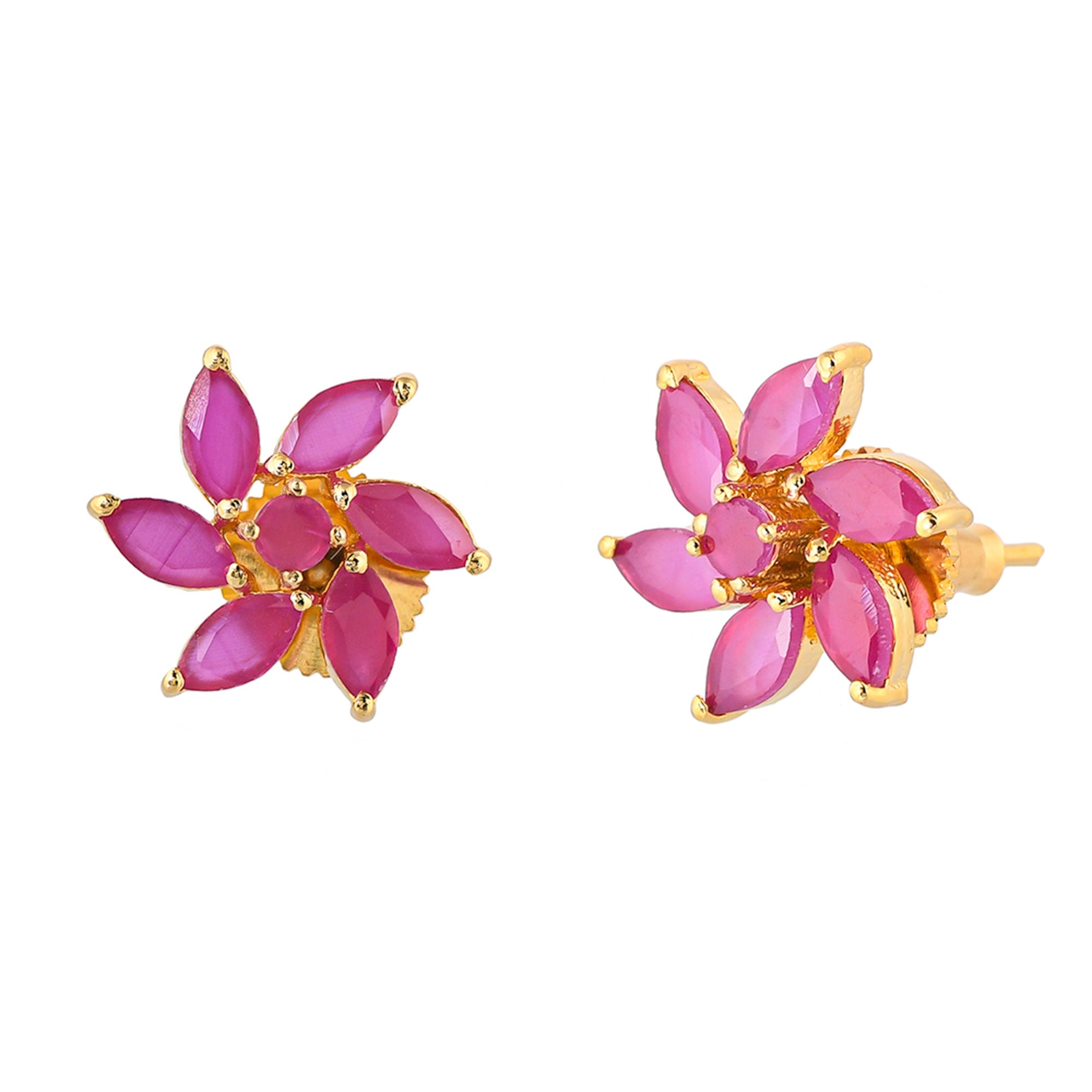 Women's Pink Marquise Cut Cz Floral Motif Stud Earrings - Voylla