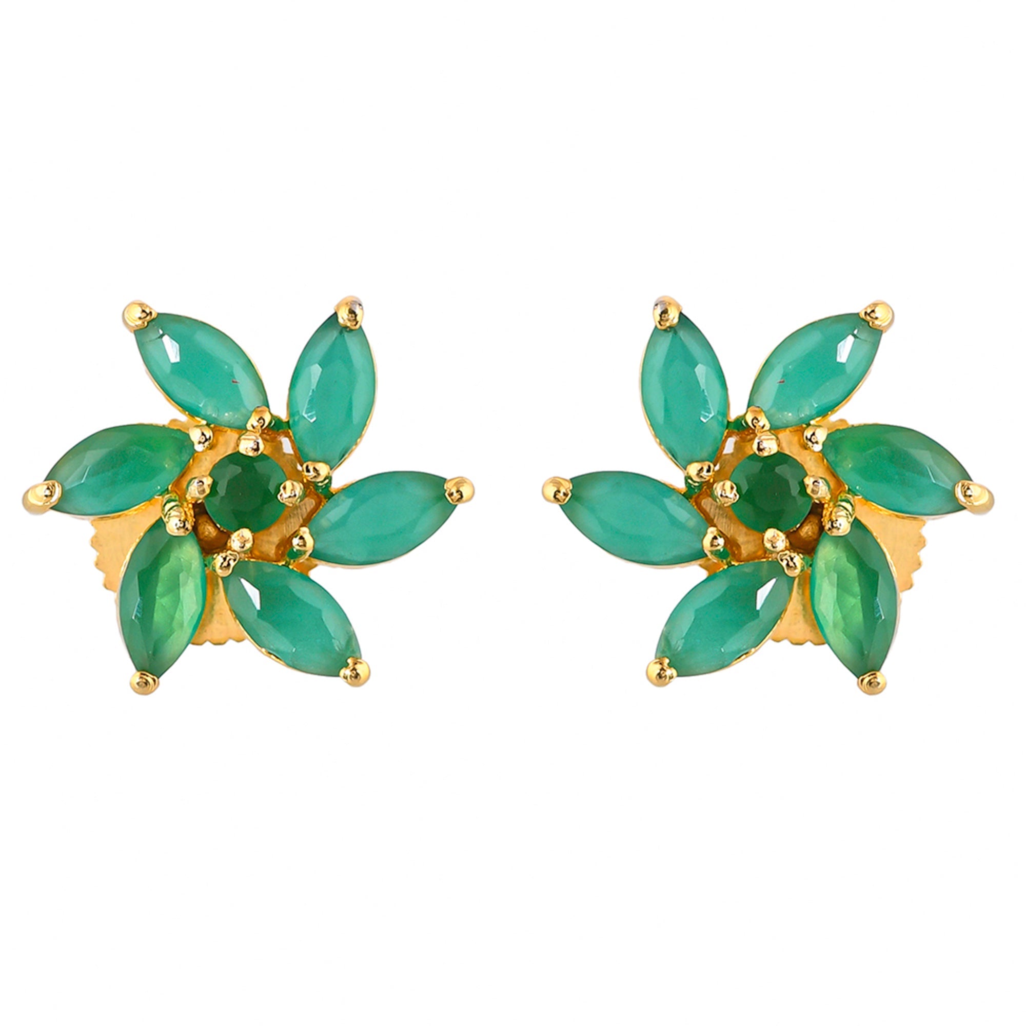 Women's Green Marquise Cut Cz Floral Motif Stud Earrings - Voylla