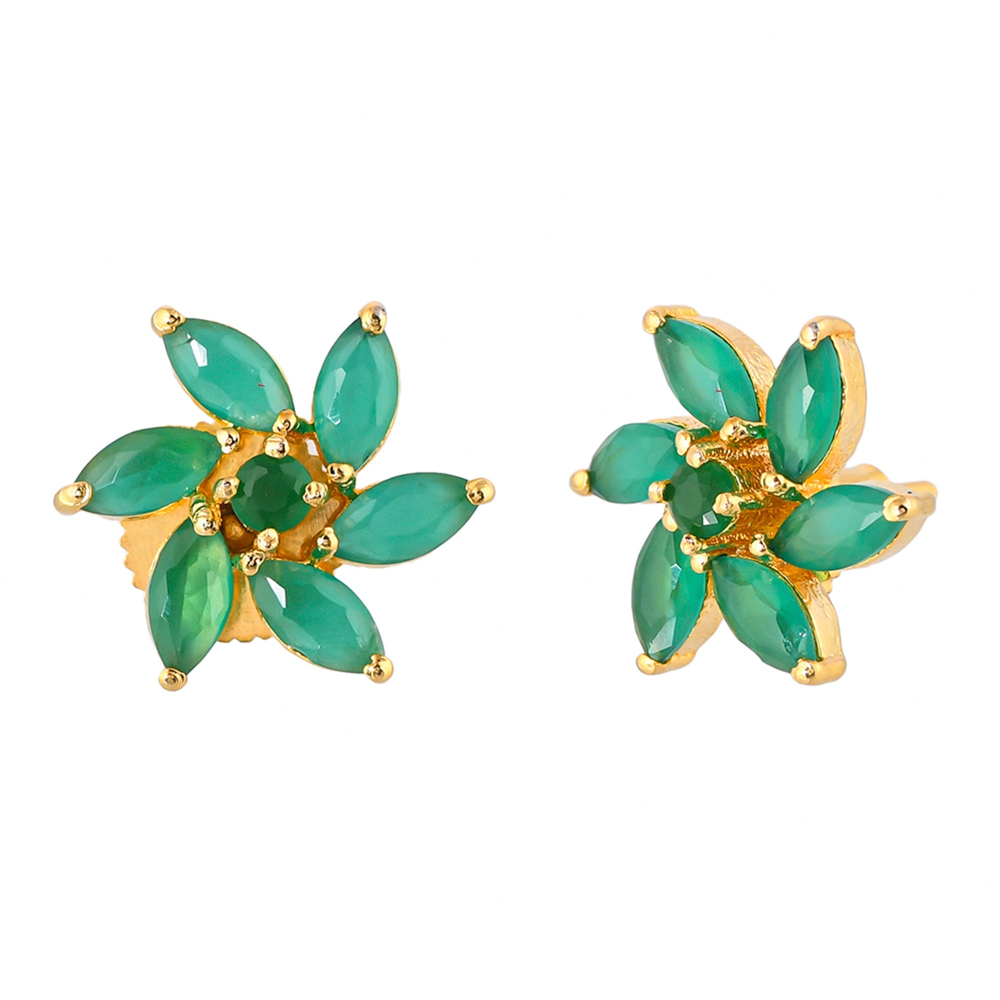 Women's Green Marquise Cut Cz Floral Motif Stud Earrings - Voylla