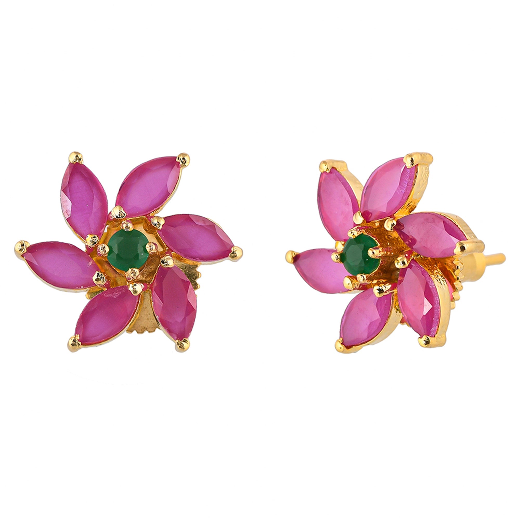 Women's Marquise Cut Pink And Green Cz Floral Motif Stud Earrings - Voylla
