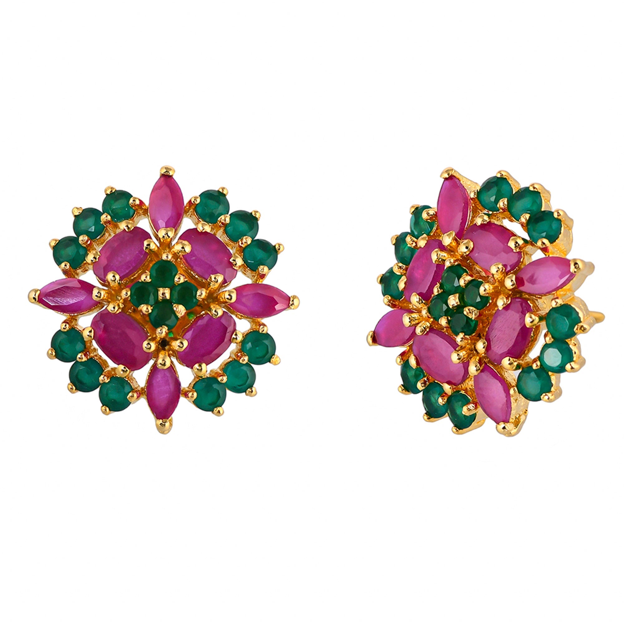 Women's Cluster Setting Pink And Green Cz Gems Stud Earrings - Voylla