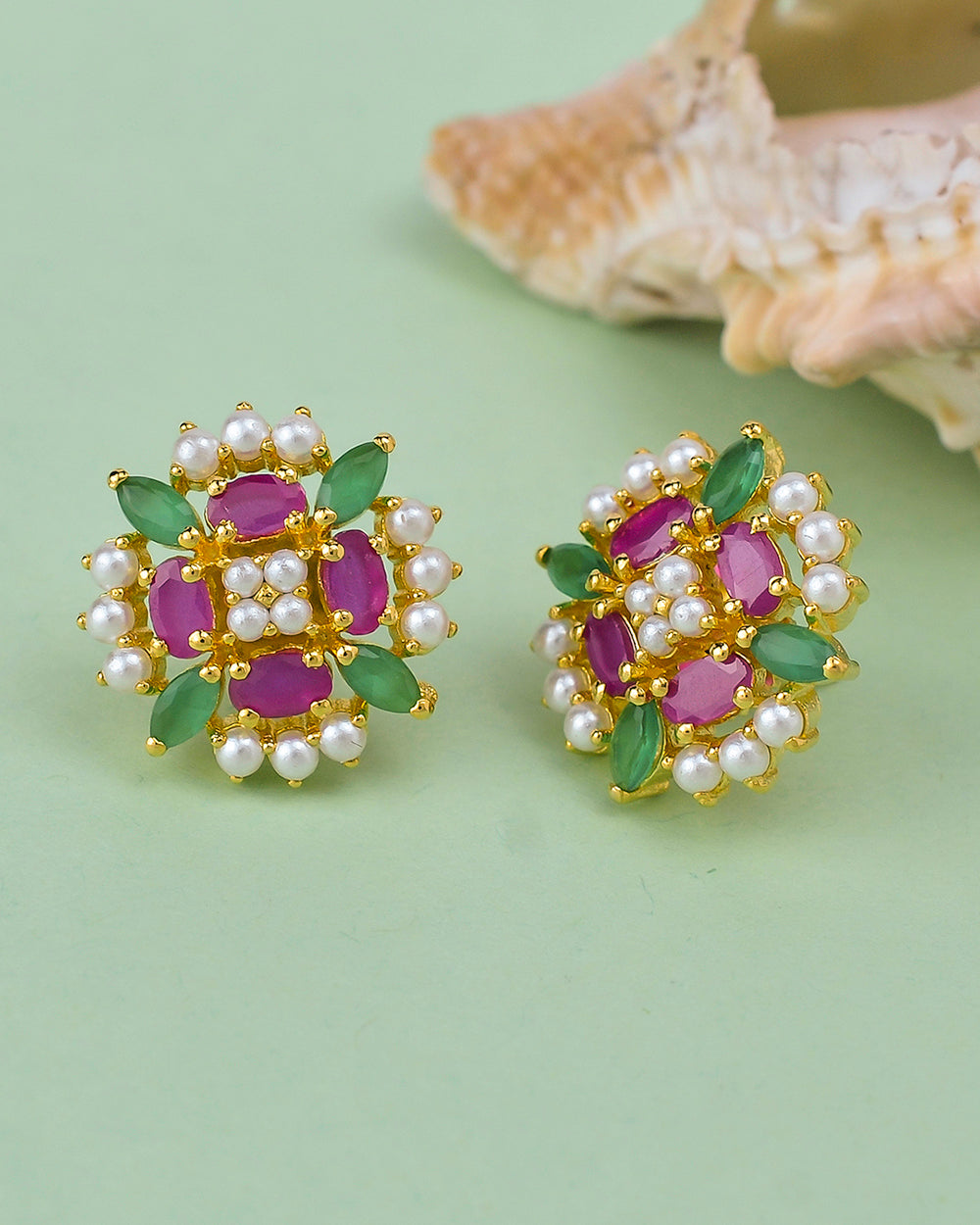Women's White Pearl Beaded Pink And Green Cz Stud Earrings - Voylla