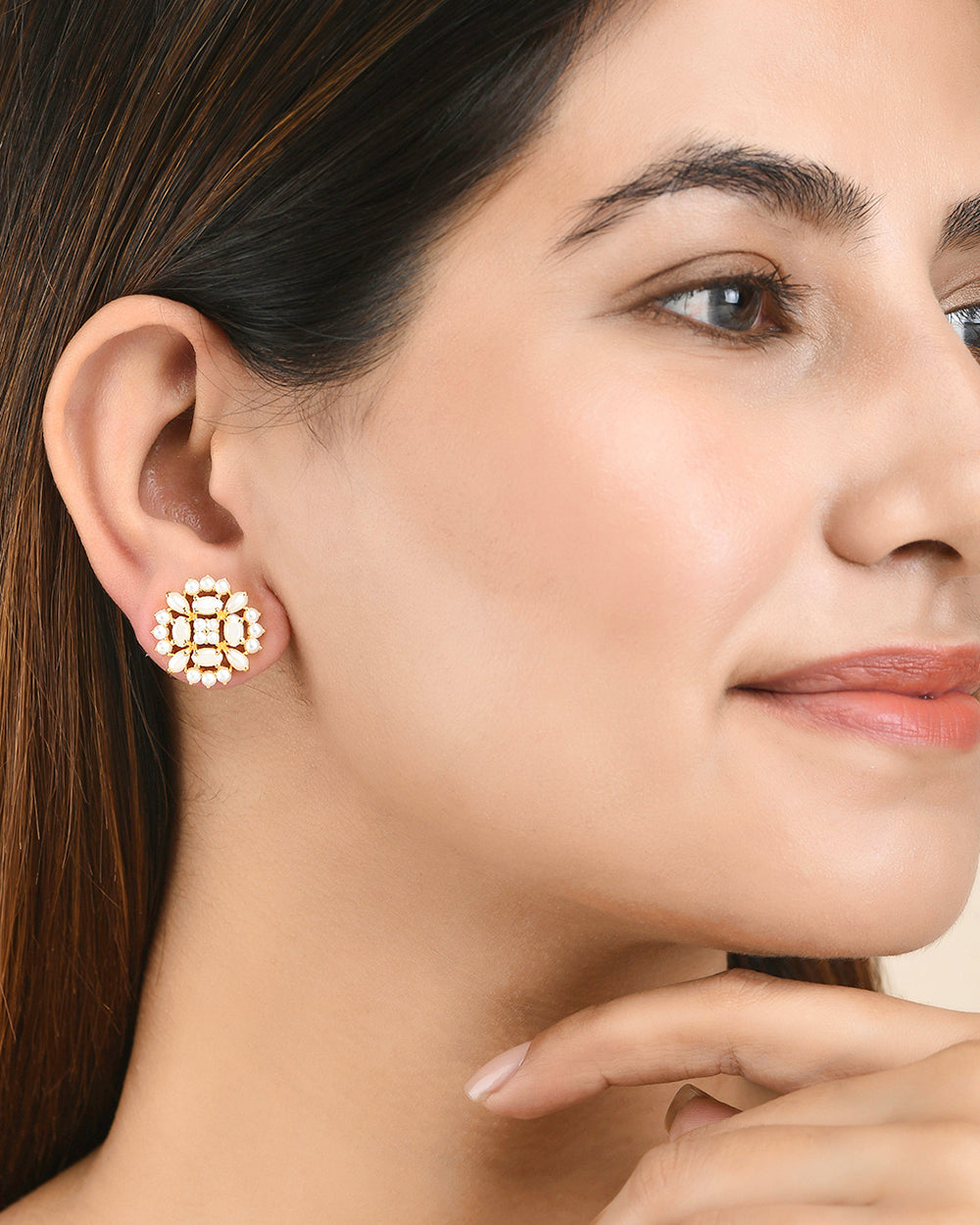 Women's White Pearl Beaded Clear Zirconia Gems Stud Earrings - Voylla
