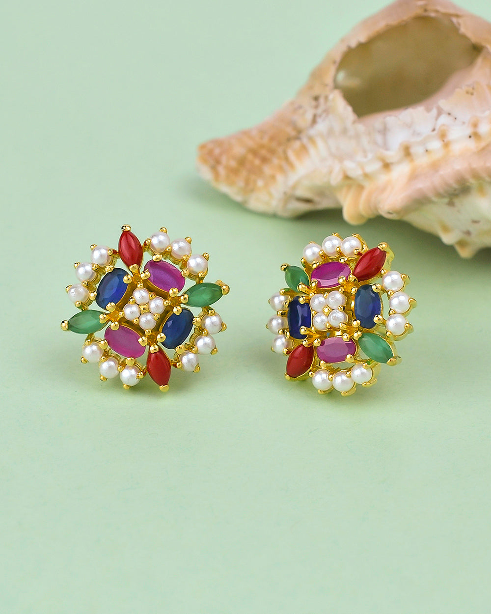 Women's White Pearl Beaded Coloured Cz Stud Earrings - Voylla