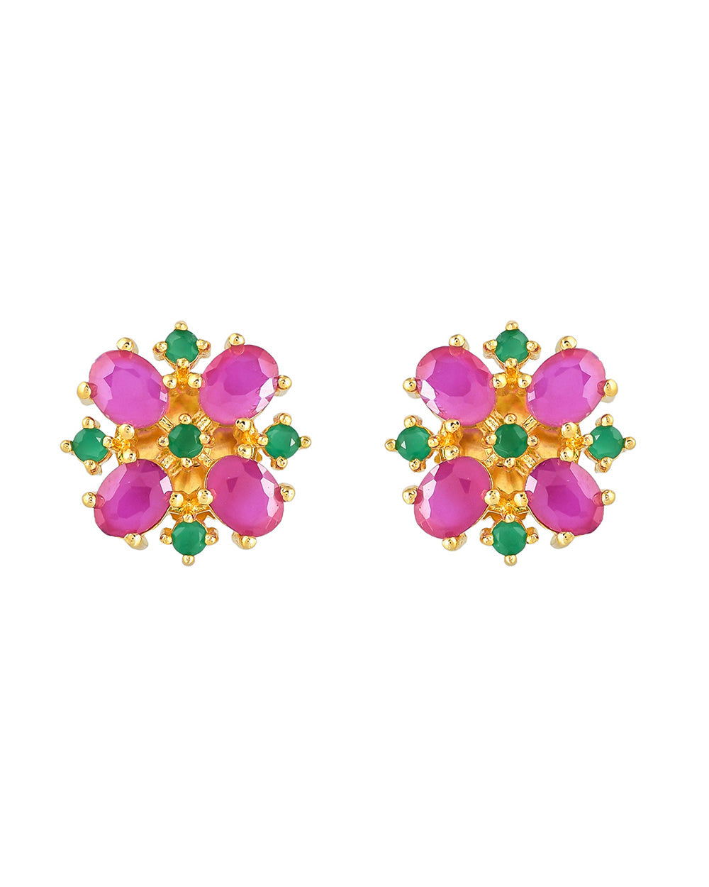 Women's Gold Plated Green And Pink Cluster Setting Cz Stud Earrings - Voylla