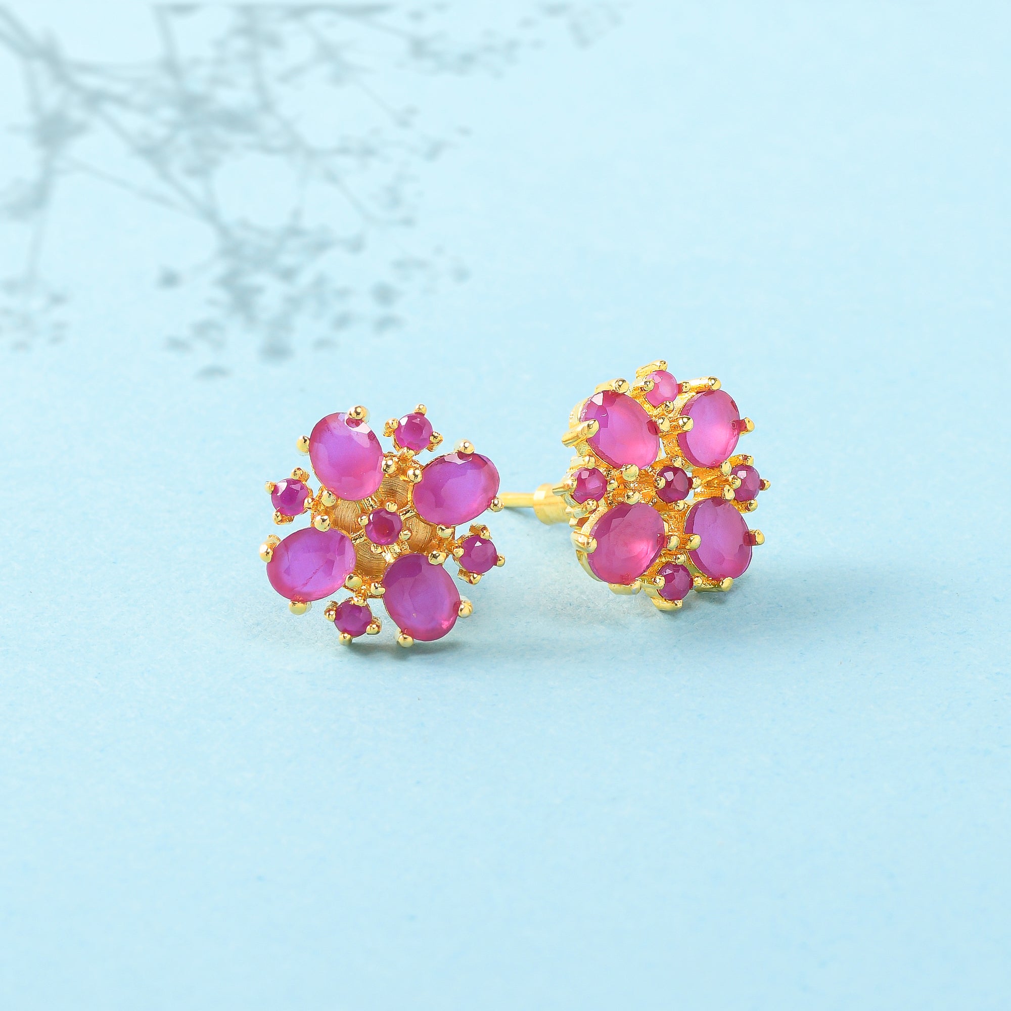 Women's Gold Plated Pink Cluster Setting Cz Stud Earrings - Voylla