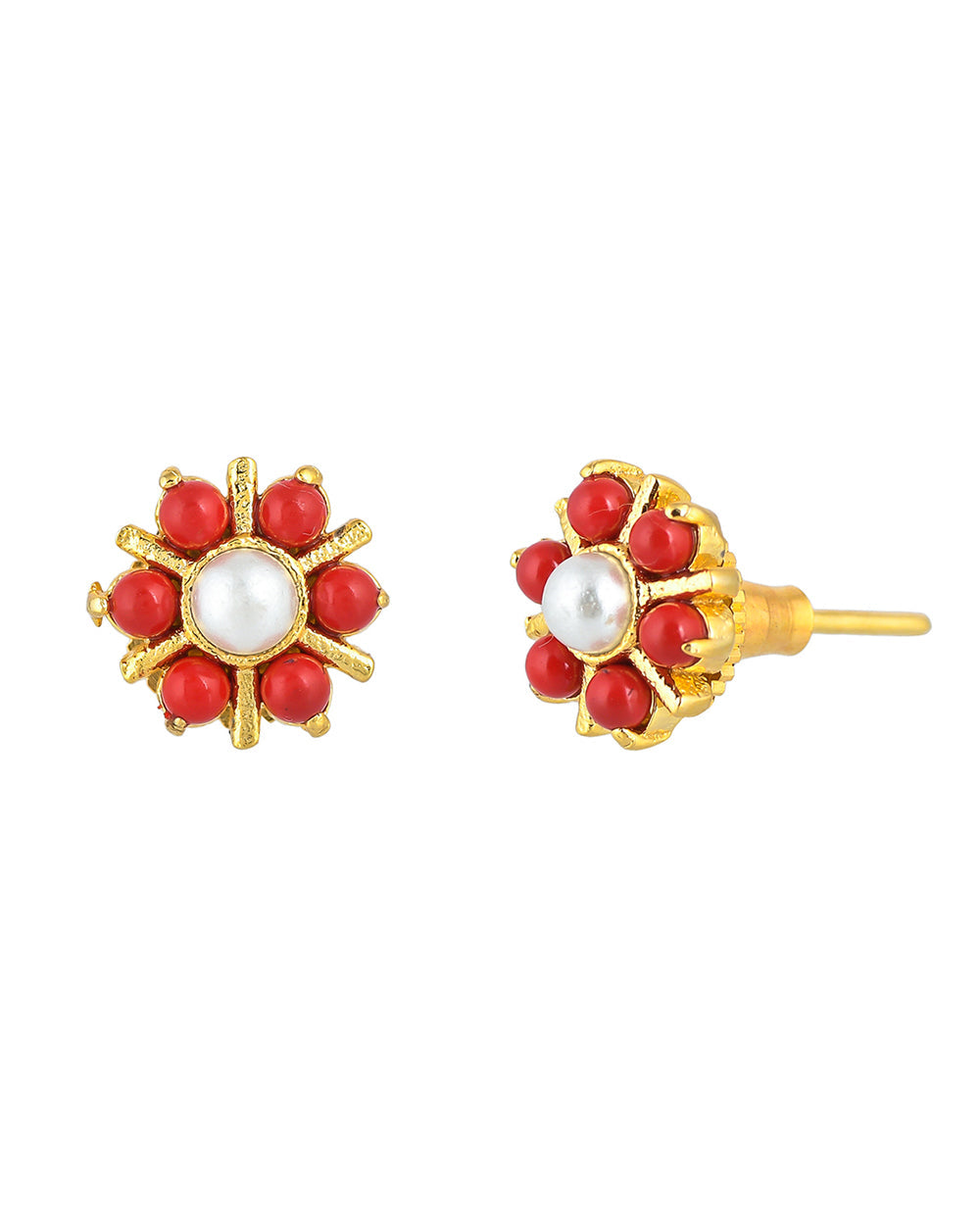 Women's Gold Plated White And Red Pearl Beaded Stud Earrings - Voylla